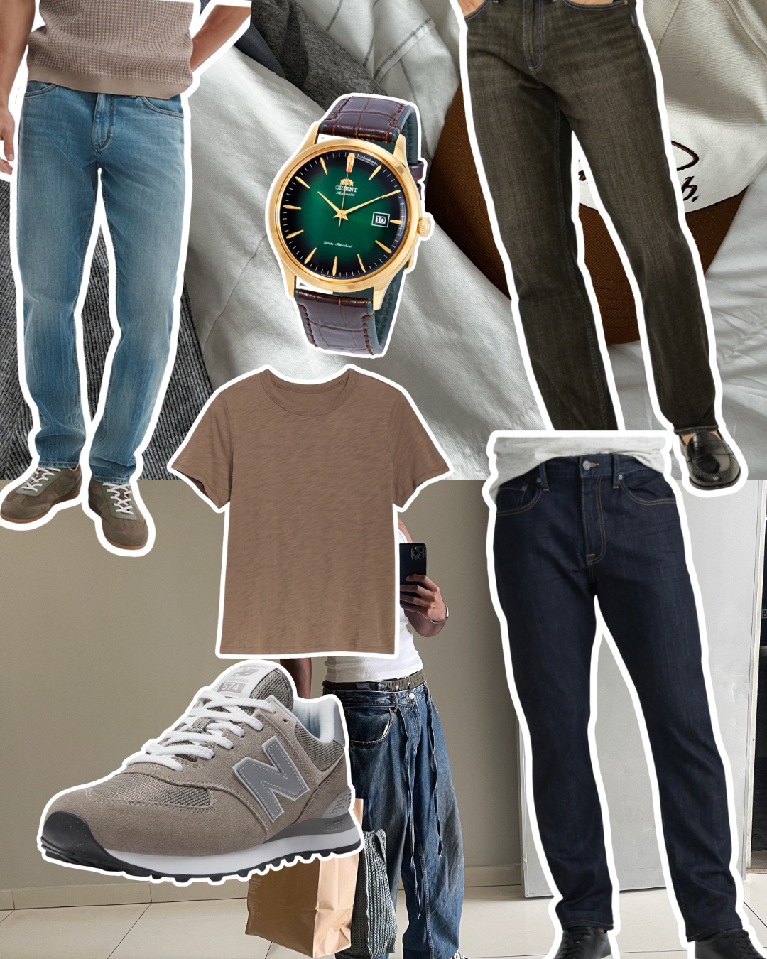 A collage featuring the 10 best athletic fit jeans for men with big thighs, including brands like Levi's, Madewell, and Lucky Brand.