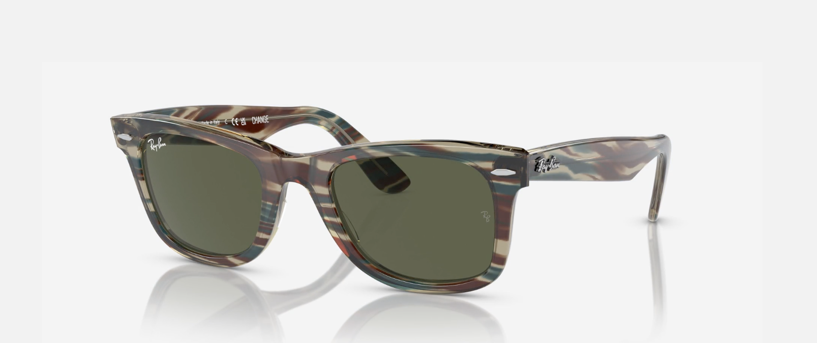 A studio shot of classic Ray-Ban Wayfarer RB2140 sunglasses featuring a distinctive patterned acetate frame in blended brown, green, and tan tones with dark green lenses.