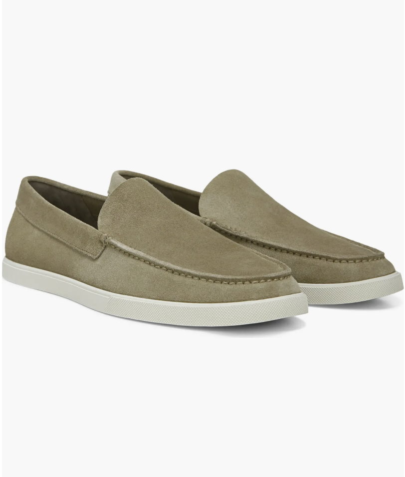 Pair of Vince Sonoma sage green suede loafers with a white rubber midsole.