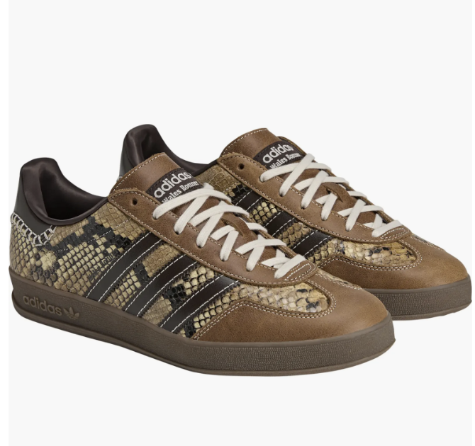adidas x Wales Bonner Gazelle in brown leather with a snake-embossed upper, dark brown stripes and cream laces.