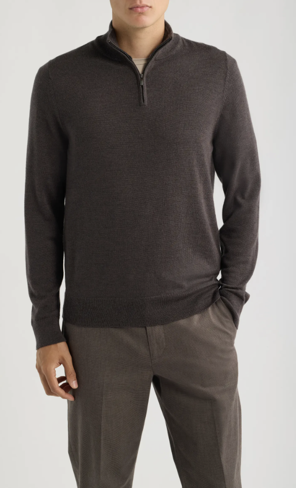Man wearing the Nordstrom Washable Italian Merino Wool Quarter-Zip Sweater in dark brown.