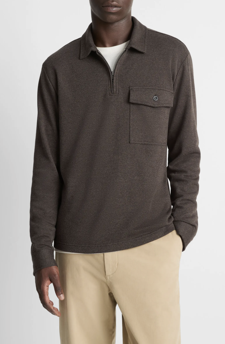 Herringbone Long Sleeve Quarter Zip Polo Vince