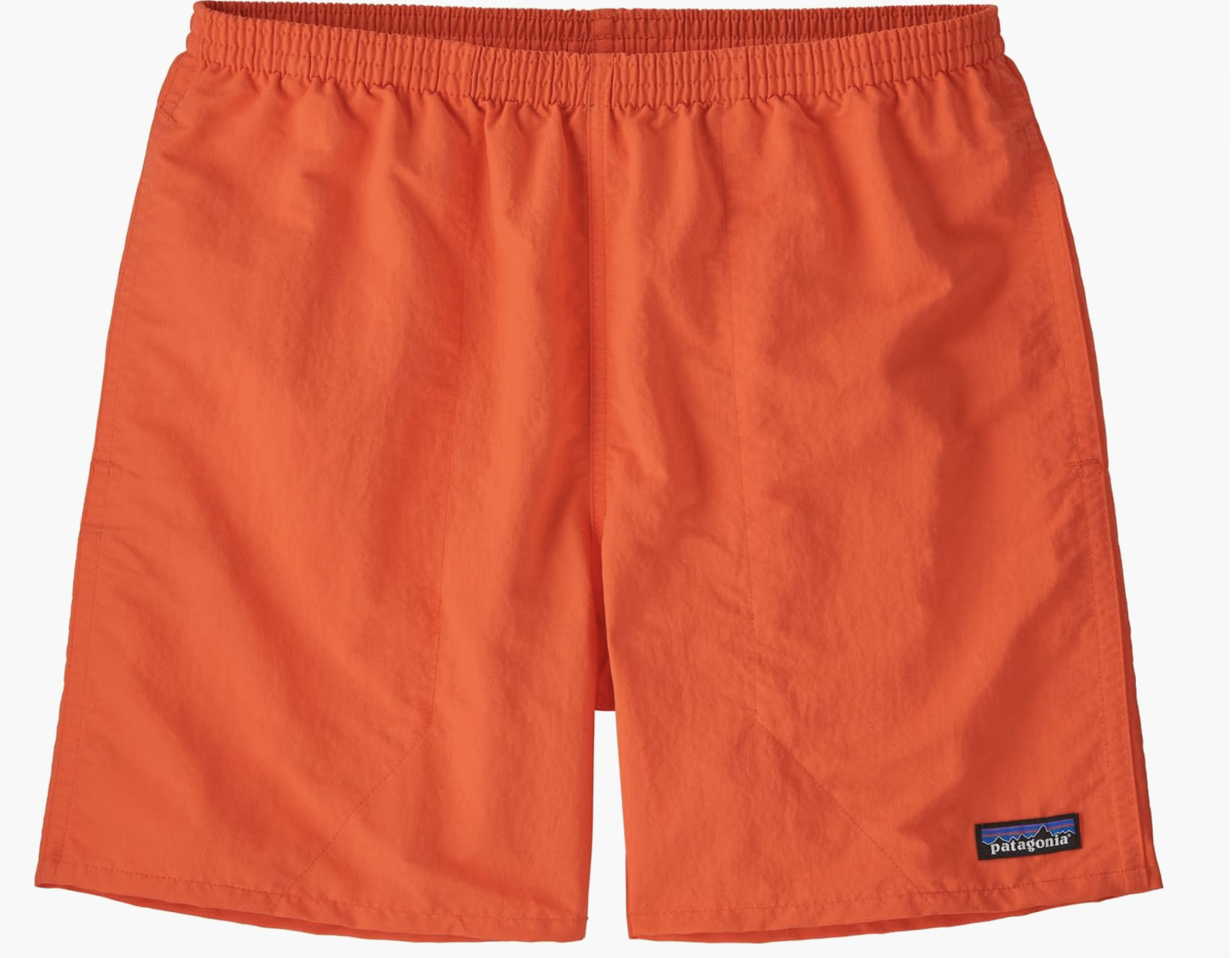A pair of bright orange Patagonia Baggies 5-inch shorts with an elastic waistband and the classic Patagonia logo on the left leg.