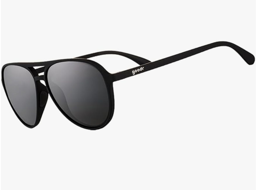 A close-up studio shot of Amazon Essentials polarized aviator sunglasses featuring a matte black metal frame, a distinctive double bridge design, and dark tear-drop shaped lenses.