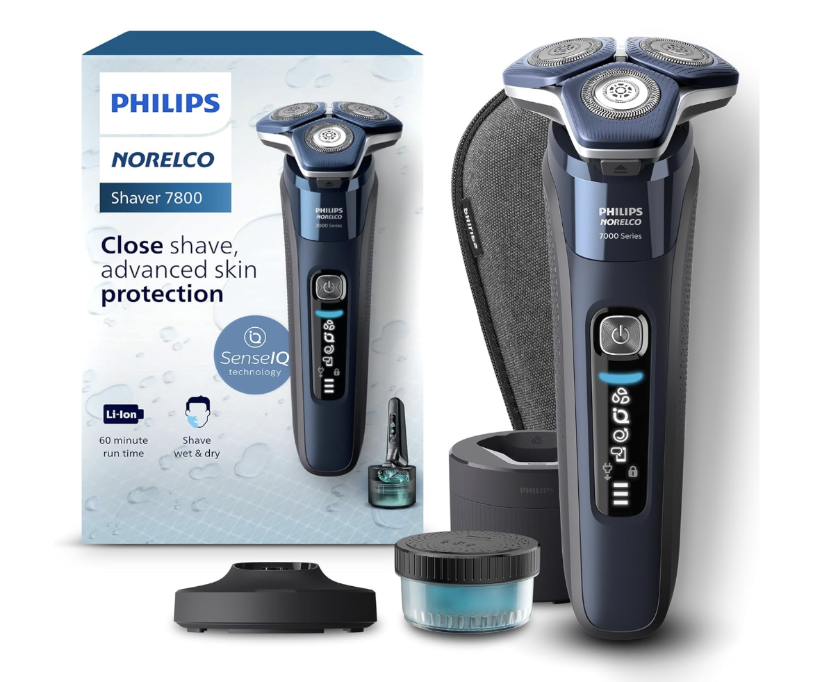 Philips Norelco Series 7000 wet and dry electric shaver with SenseIQ technology and a protective travel case.