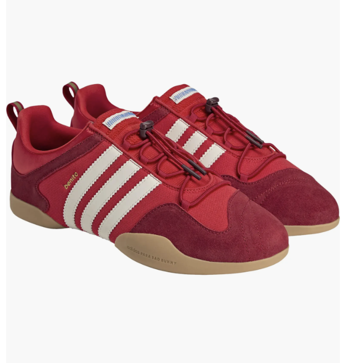 adidas x Bad Bunny Ballerina "Vivid Red" low-profile sneakers in red suede with cream stripes, toggle laces and a gum sole.