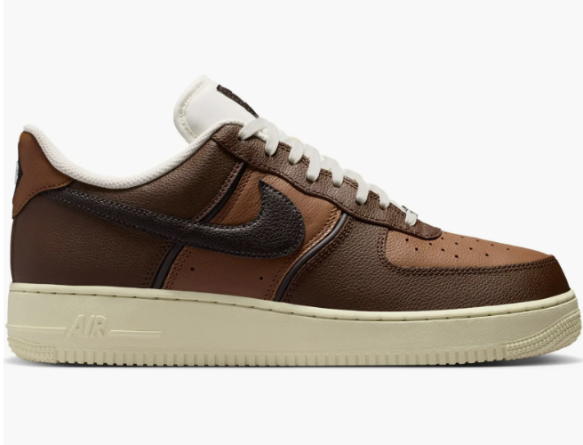 Nike Air Force 1 '07 LV8 sneaker in tonal brown leather with a dark brown swoosh and a cream sole.