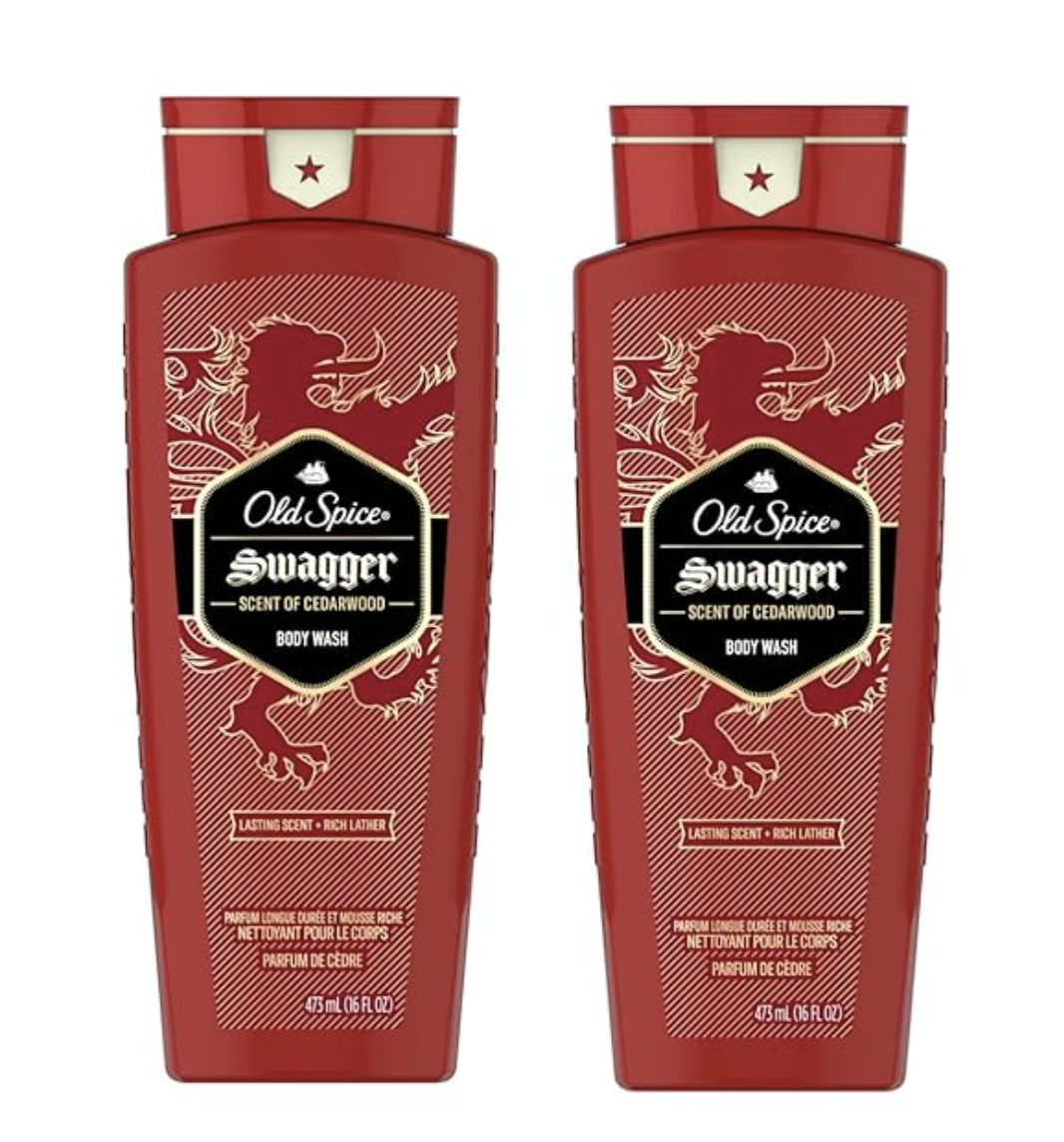 "Two bottles of Old Spice Swagger Body Wash with Cedarwood scent, featuring a moisturizing formula and rich lather for men's grooming."