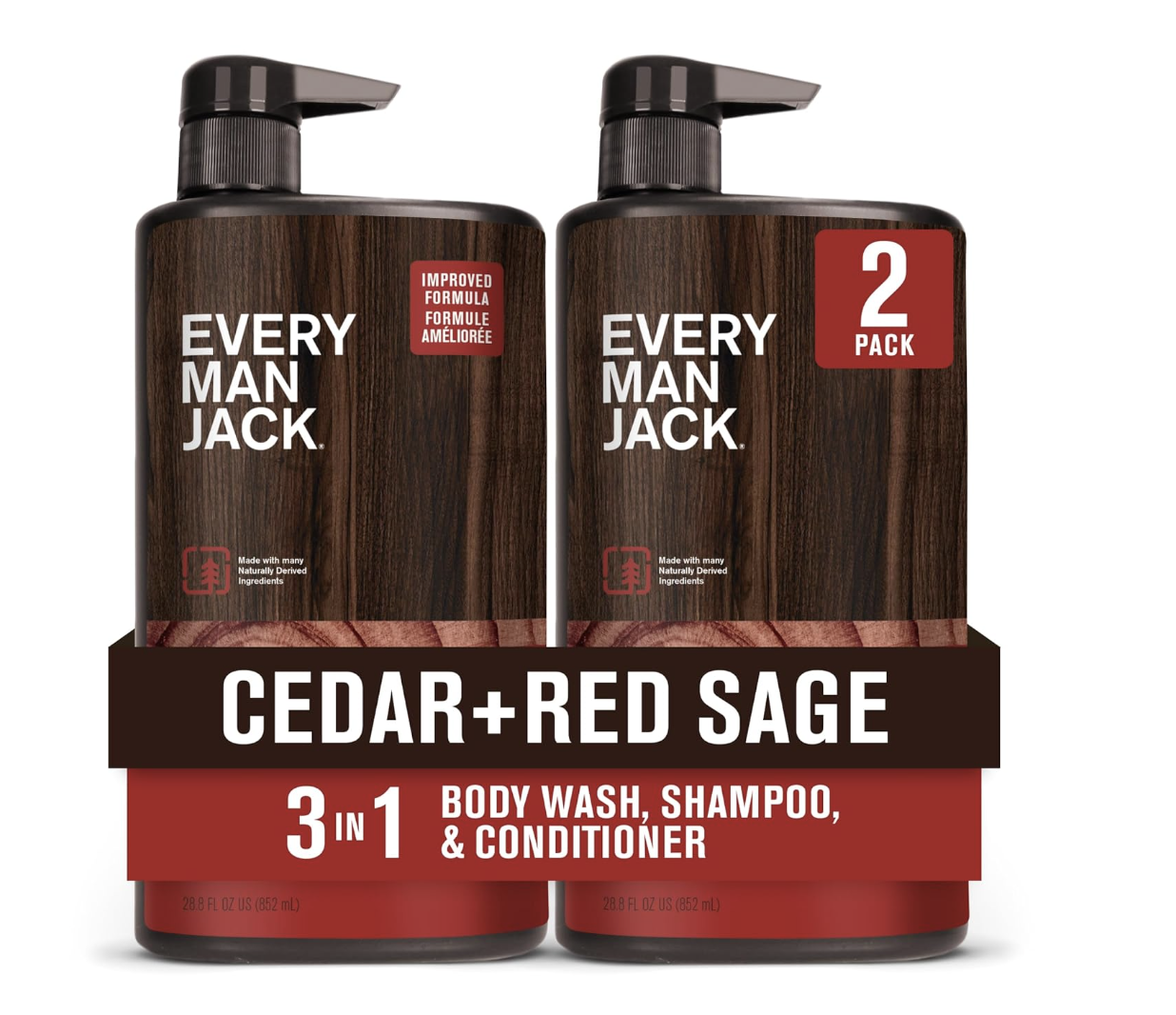 A two-pack of Every Man Jack Cedar and Red Sage 3-in-1 body wash, shampoo, and conditioner, featuring naturally derived ingredients for men's grooming.