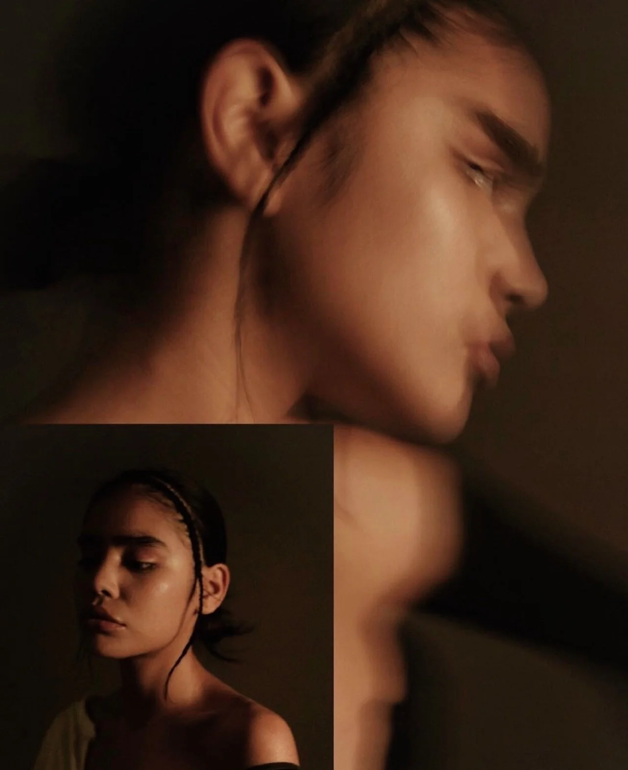 Two portraits of a young woman with braided hair, captured in warm, low lighting. The larger image focuses on her profile, highlighting her skin, eyebrow, and lips. The smaller portrait shows her facing slightly downward with closed eyes, emphasizing her serene expression and smooth skin.
