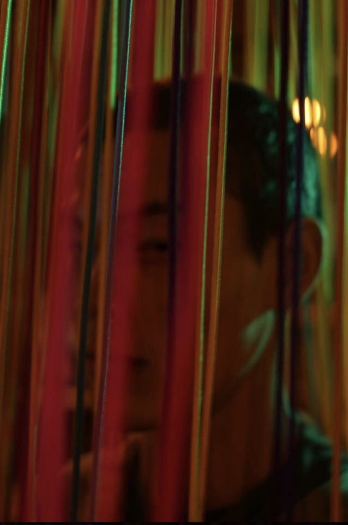 Close-up of a woman with dark hair and earrings, seen through colorful, vertical bars.
