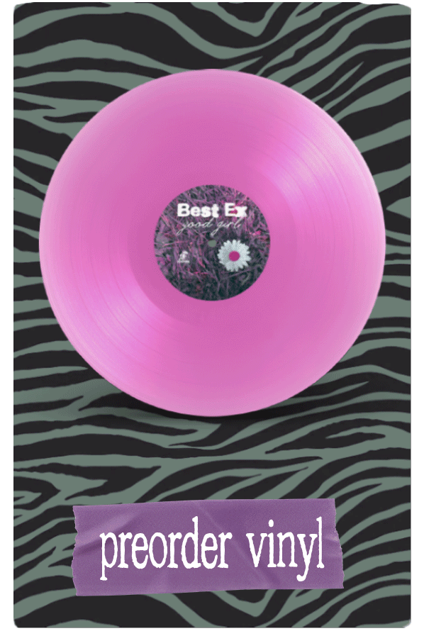 Pink vinyl record on a black and gray zebra-striped background with a purple torn paper label that says 'preorder vinyl!'