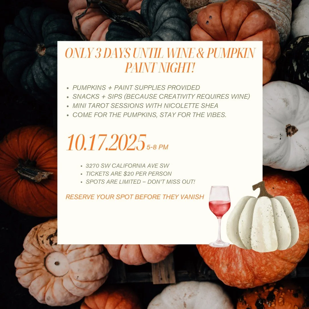 The countdown is on&hellip; only 3 days until Wine &amp; Pumpkin Paint Night! 🦇✨ Pumpkins, paint, tarot, and a whole lot of cozy fall vibes.
🎟️ If you haven&rsquo;t snagged your spot yet, now&rsquo;s the time &mdash; don&rsquo;t ghost this one 👻
?