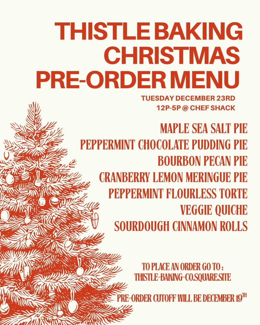 🎄THISTLE BAKING HOLIDAY PRE-ORDERS ARE LIVE🎄

Doing a fun lil Christmas pop up with my buddies @blacklistbagels @coucoubakehouse on December 23rd! 

Pre orders are live on my website thistle.baking.co.site (head to the link in my bio) and will be o