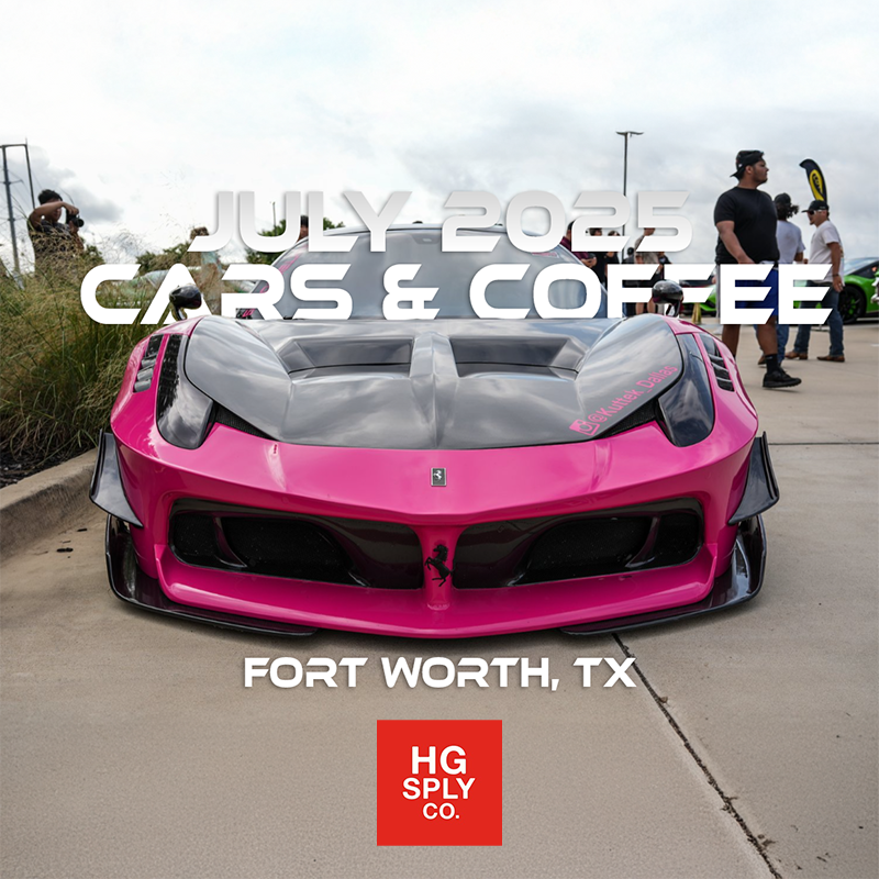 Pink sports car with black accents on display at Cars & Coffee event in Fort Worth, Texas, scheduled for July 25, 2025, with people walking around in the background.
