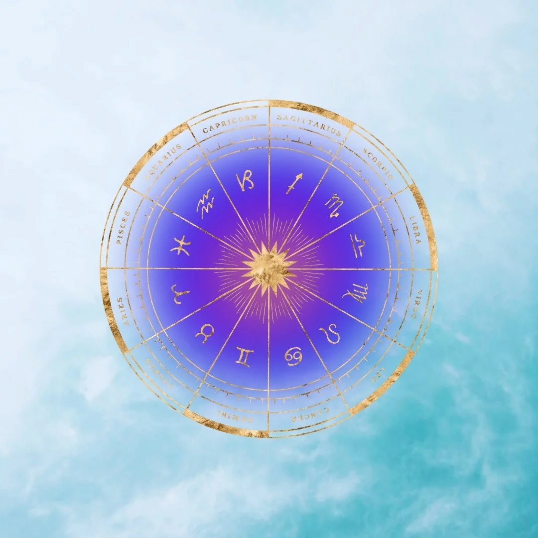 A circular zodiac wheel with gold outline and symbols, set against a cloudy blue sky background.
