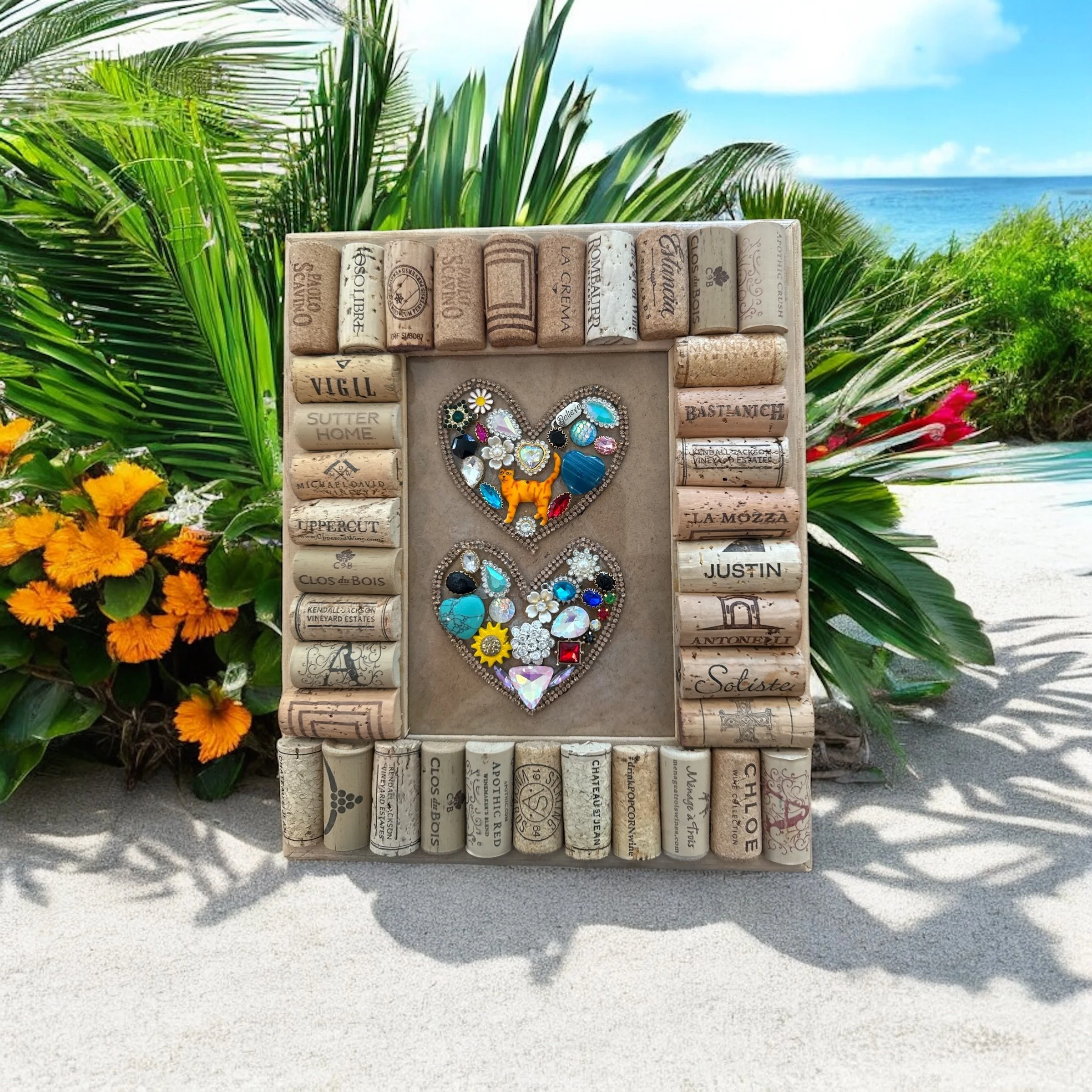 745 Cork frame with 2 jewerly hearts.