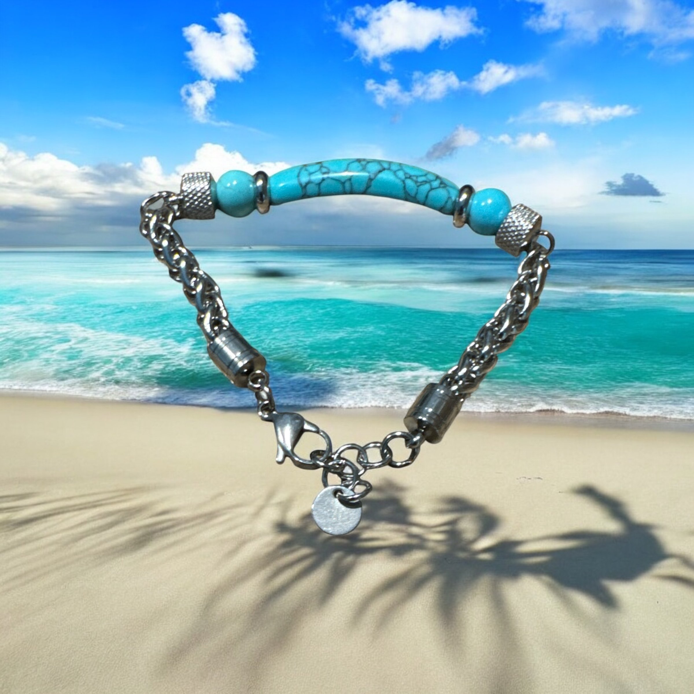 Item 621 oblong center turquoise stone with round turquoise beads and silver chain