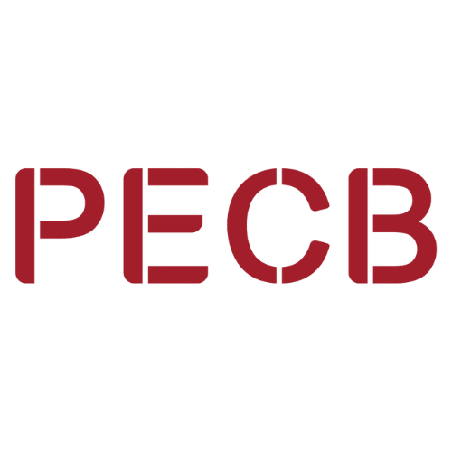 Stylized text spelling out 'PECB' in red with a cut-out design.