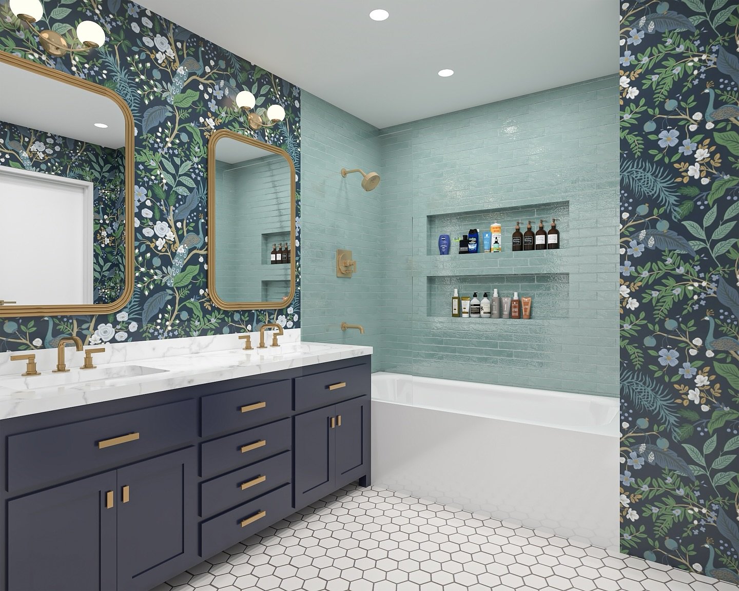 Behind the scenes: design magic in progress! ✨
 
In Port Chester, NY, we&rsquo;re reimagining a family bathroom to strike that sweet balance between function and fun, with punchy wallpaper and the prettiest blue-green accents. 
 
Renderings like this