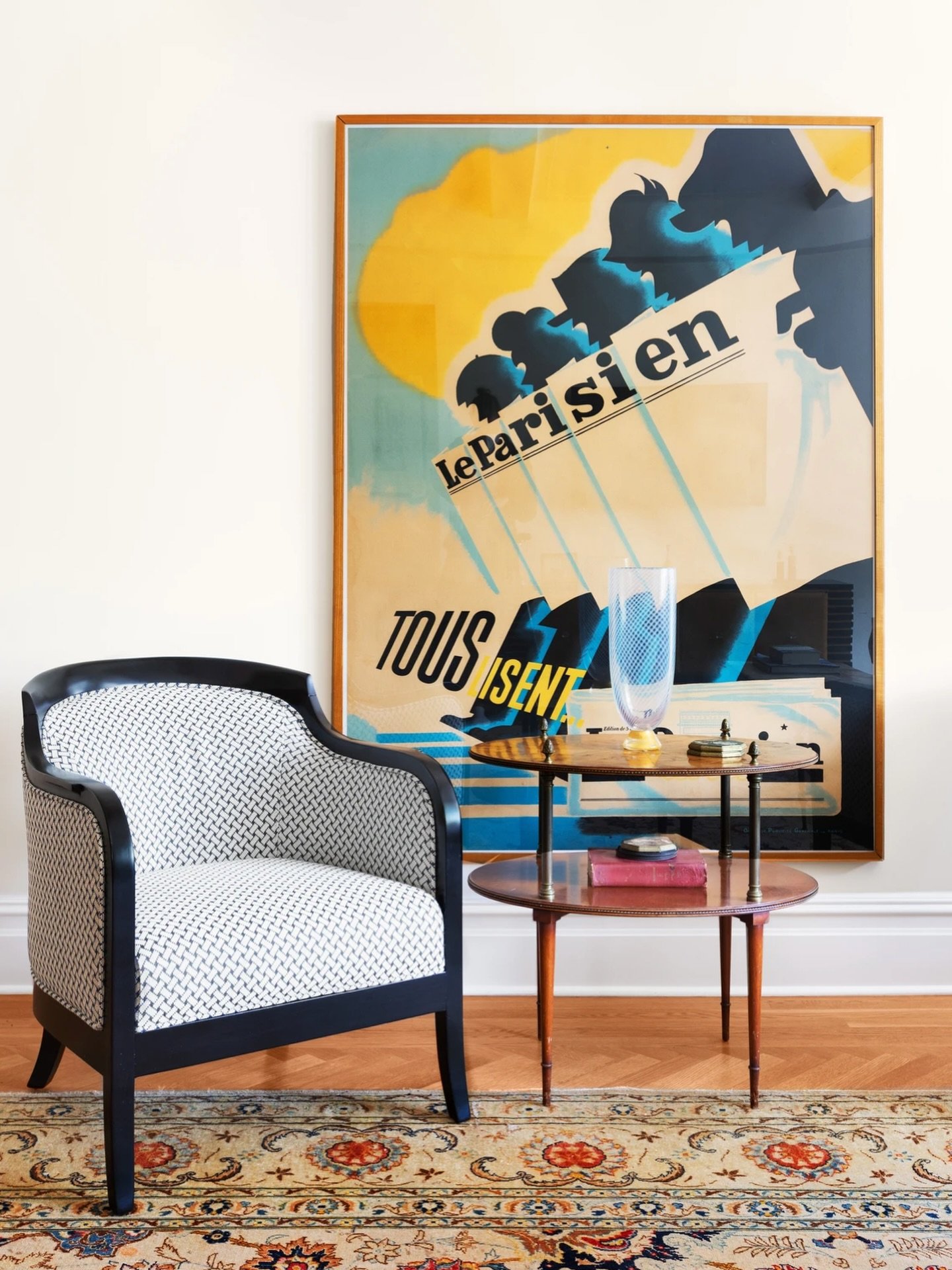 A favorite seating area in our Riverside Drive Deco project! @brunschwigfils fabric adds a layer of texture that complements the vintage art and accessories. Lots of personality and livability in this NYC apartment. 
 
 
 
#styleandspaceinteriors #ny