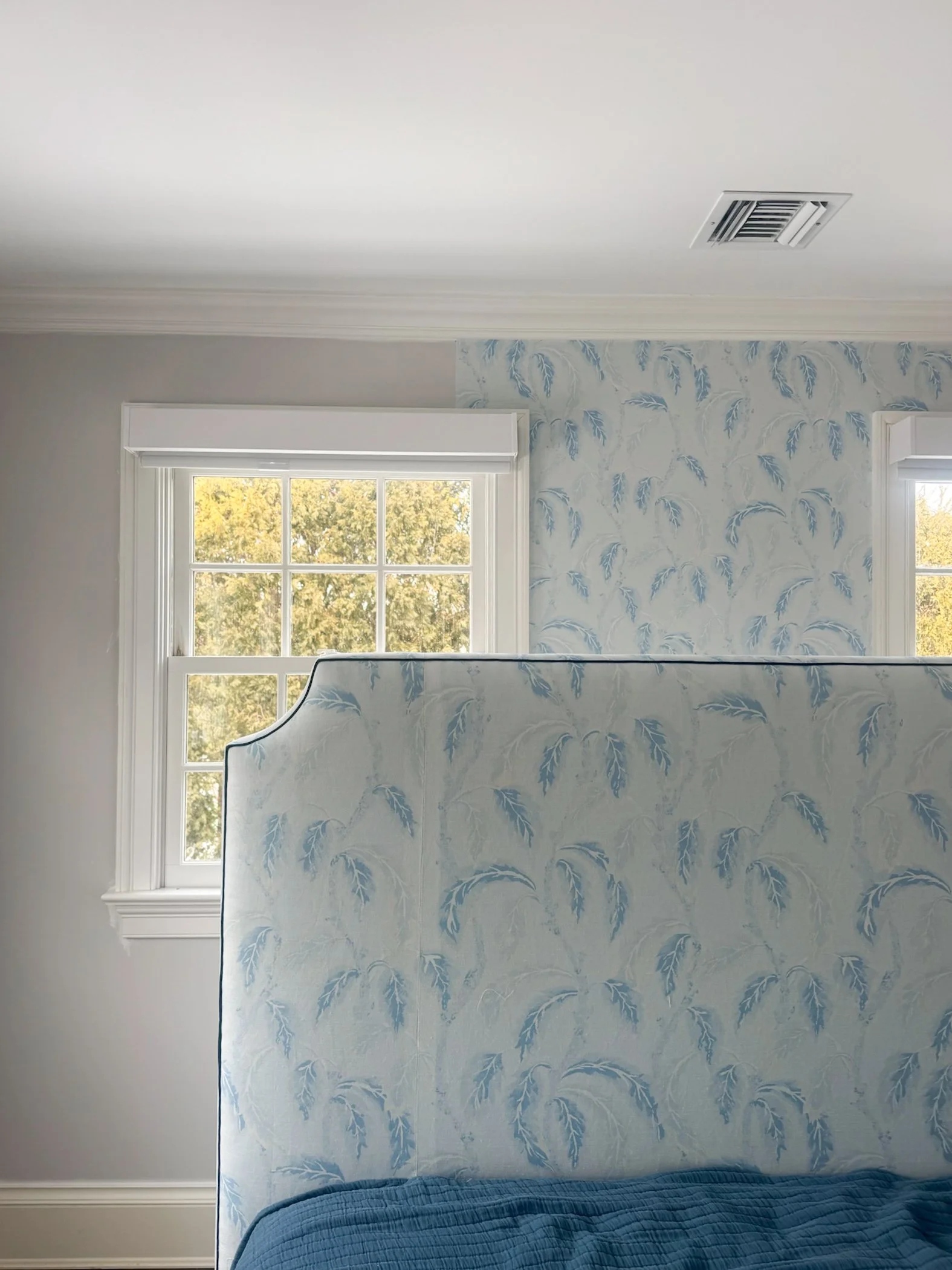 Adding lighter patterned fabric wallpaper to a home renovation for springtime | Style and Space Interiors Southampton NY