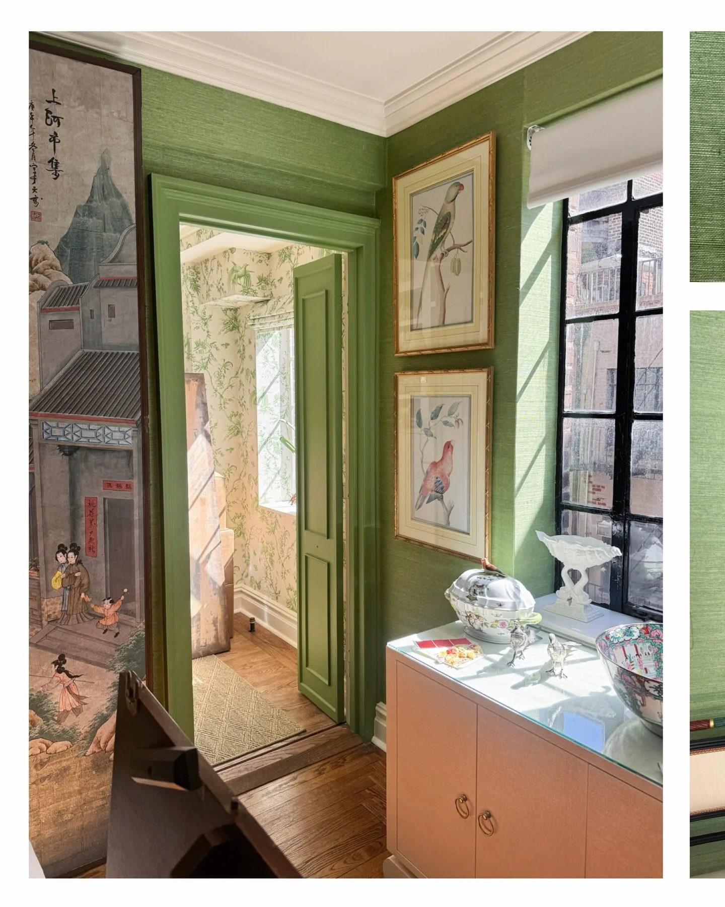 Grasscloth installation day behind the scenes!

This green changes everything and adds texture and a richness that immediately grounds the room. It&rsquo;s classic, but in a way that feels very fresh, intentional, and livable. 

Grasscloth sets the t