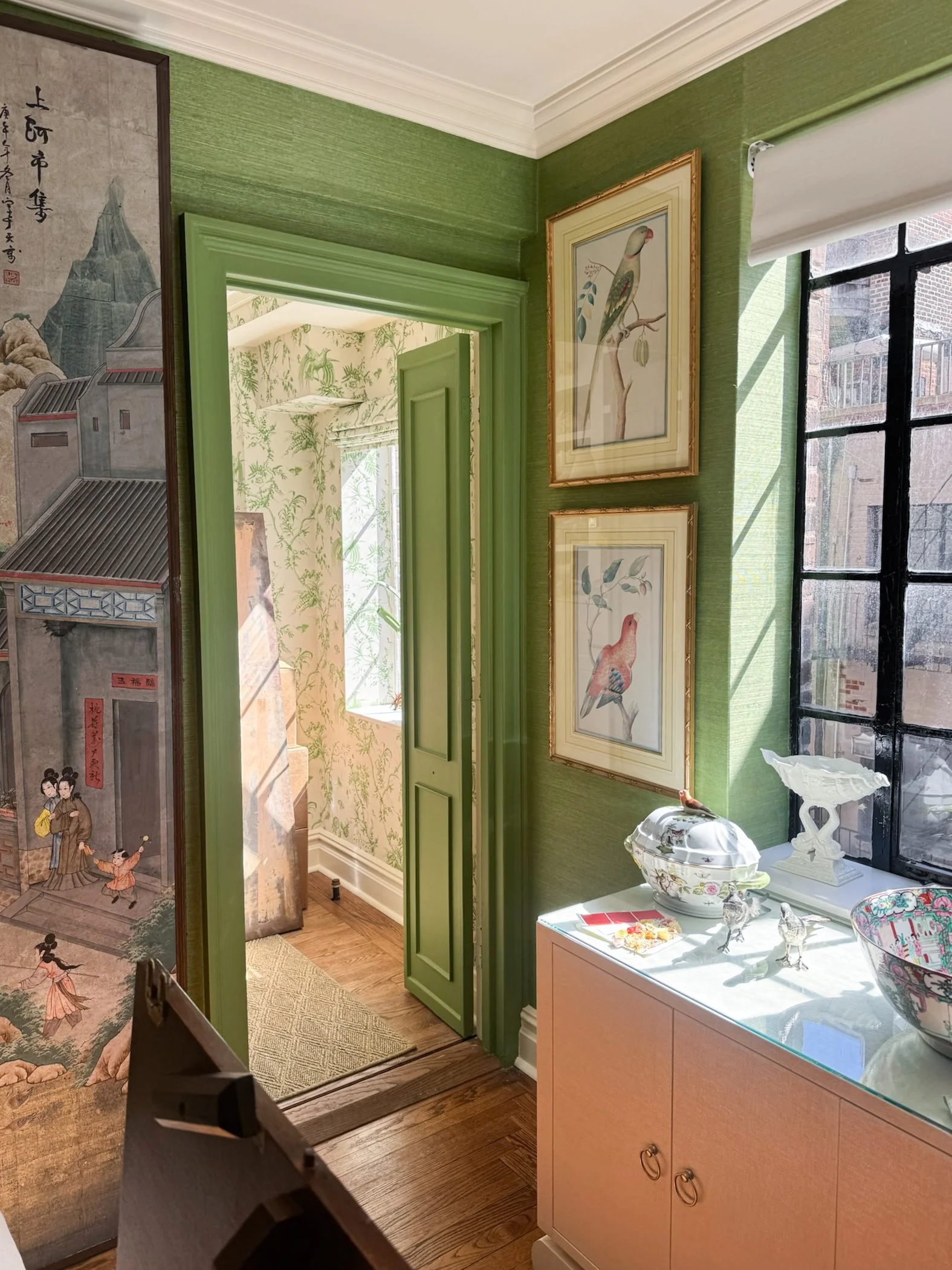 Grasscloth as a statement piece on the walls of an NYC apartment | Style and Space Interiors | Joyful Interior Design New York