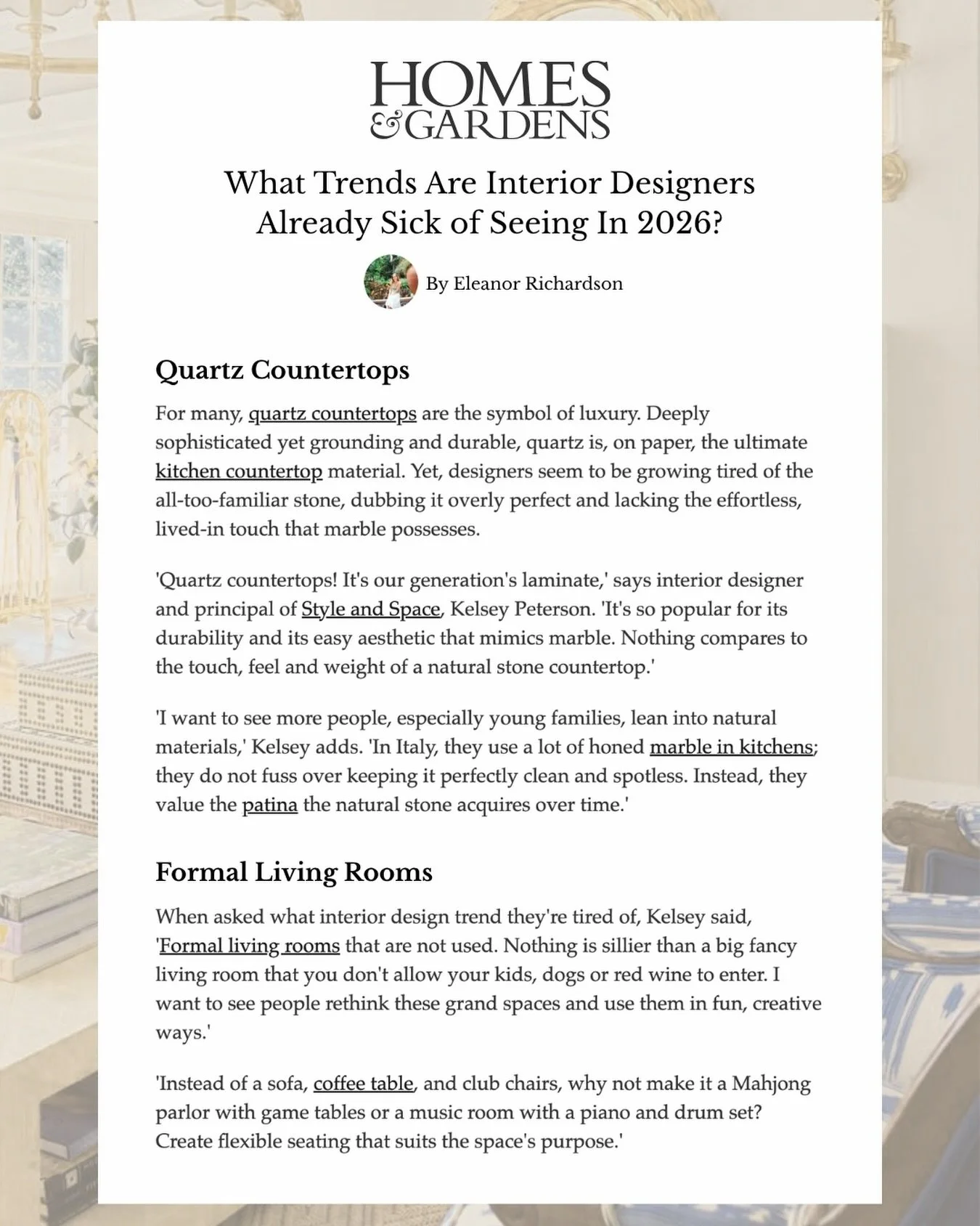 Honored to be included in this @homesandgardensofficial feature about interior design trends! 
 
I share my thoughts on quartz countertops and leaning into natural materials, and rethinking living rooms to be livable and flexible for everyday use. 
 