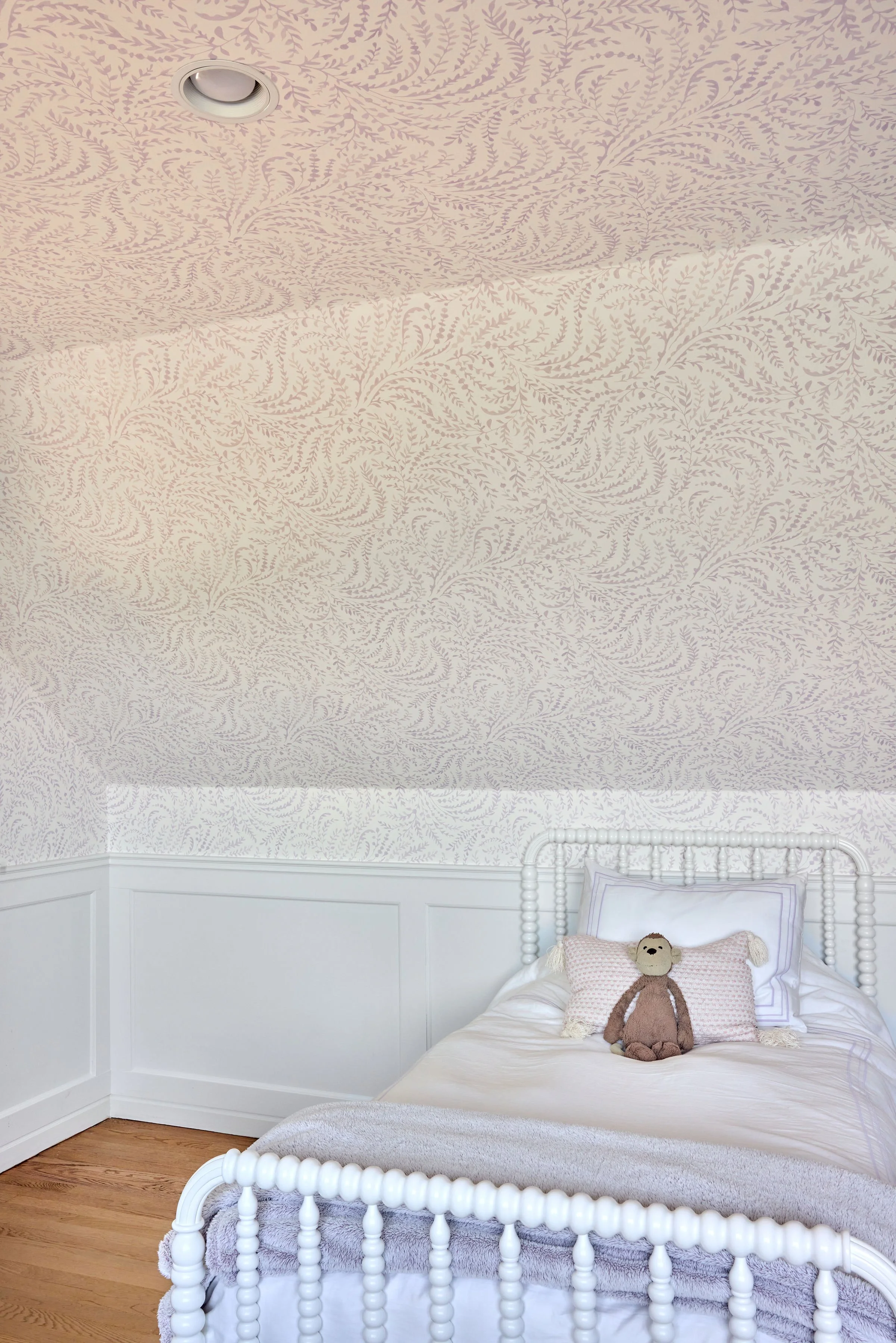 Girl's room wallpaper inspiration: Serena and Lily wallpaper with a soft, delicate lavender botanical print, carrying it up the walls and across the entire ceiling | Style and Space Interiors New York