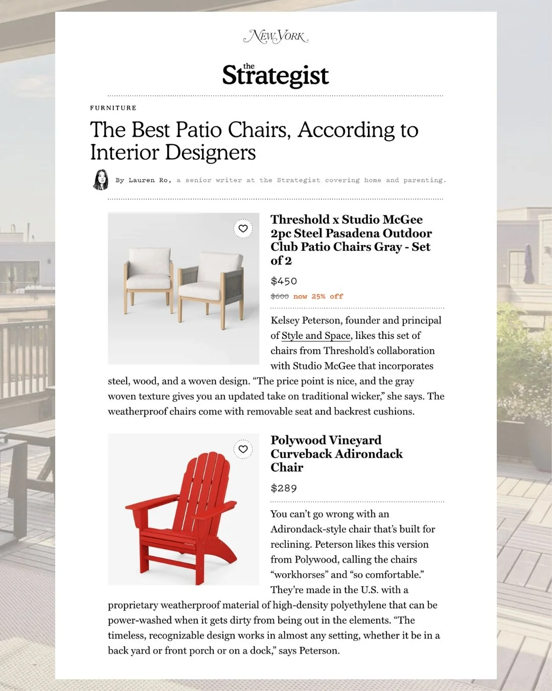 The Best Patio Chairs, According to Designers | Kelsey Peterson, Style and Space Interiors | The Strategist