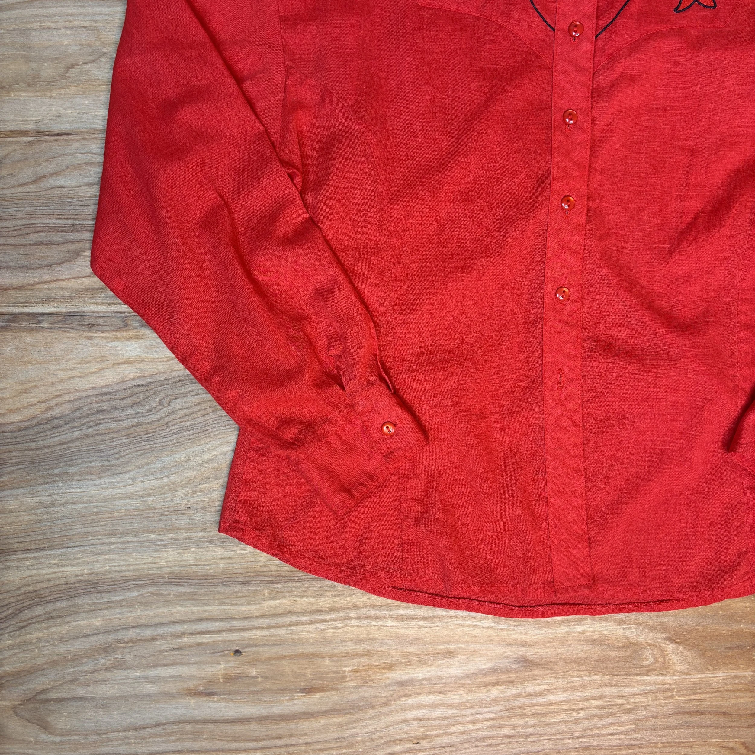 Close-up of sleeve cuff and front button placket on red shirt