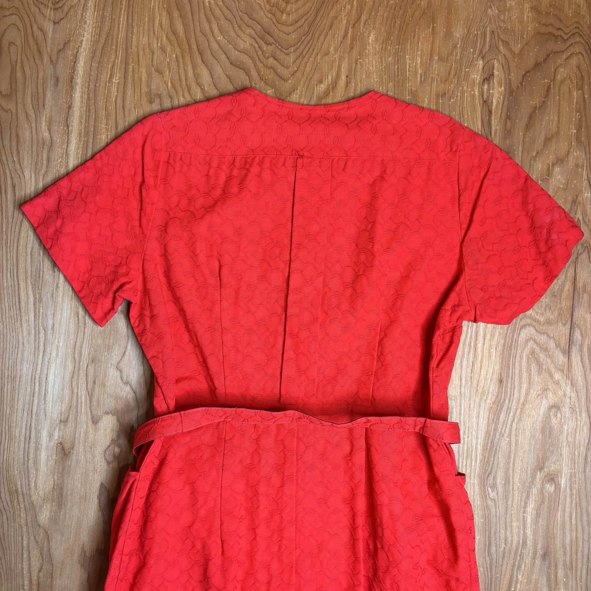 Back view of dress showing belt and shaping seams