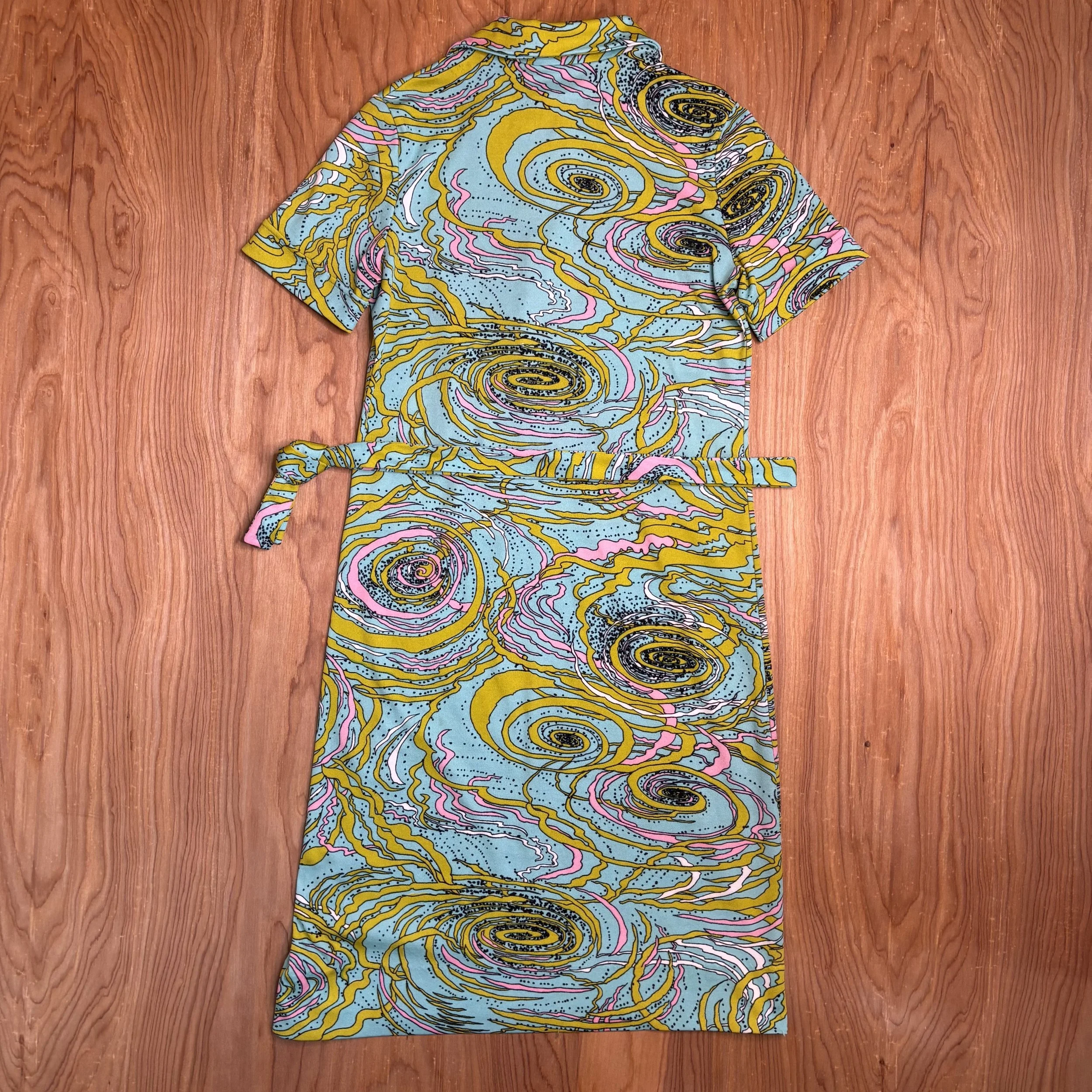 Back view of vintage Mia Editions dress showing swirling psychedelic print and soft tie waist.