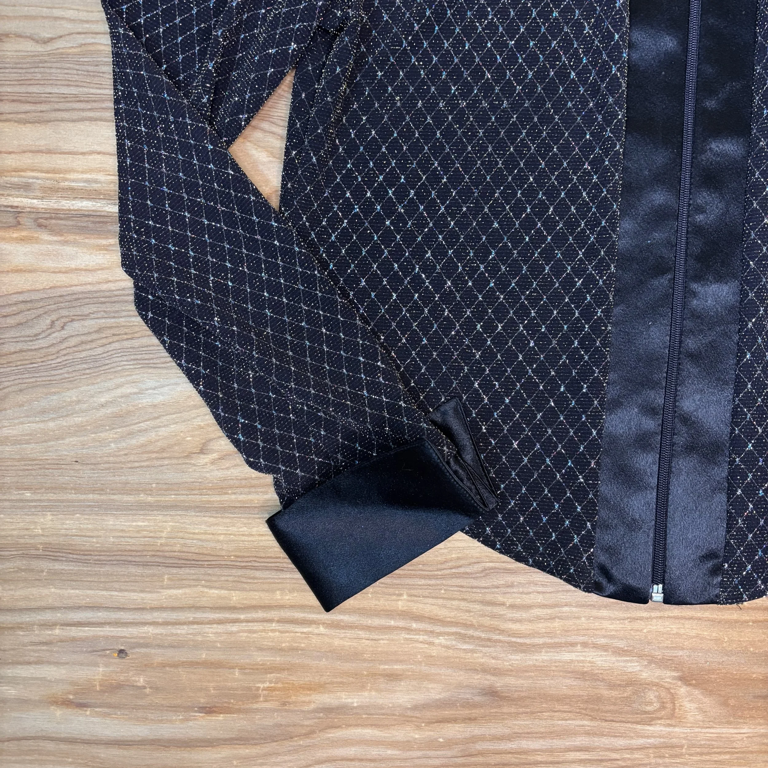 Back view of Banjo of Dallas black satin shirt showcasing tailored fit.