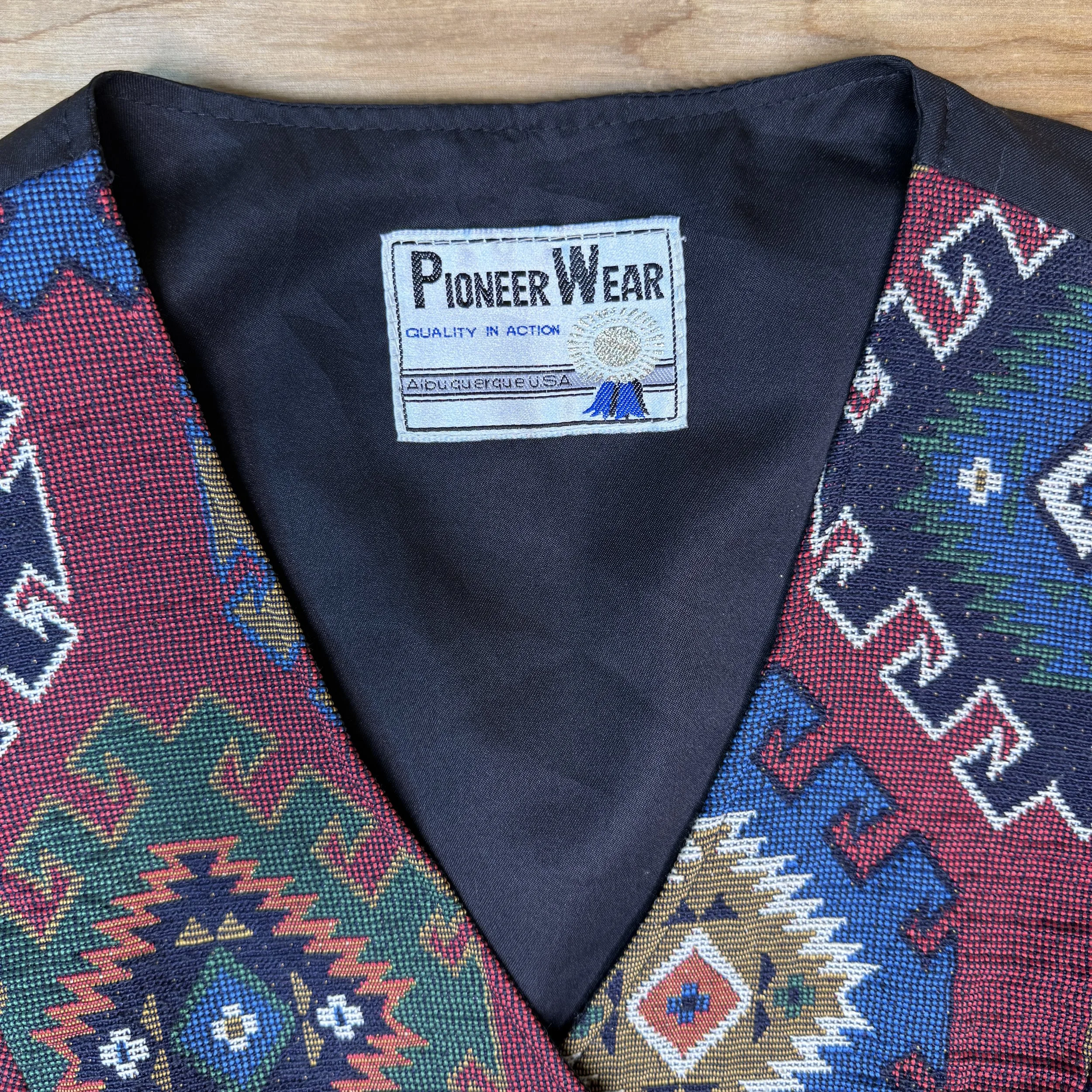 Interior label reading “Pioneer Wear – Albuquerque, USA” on black satin lining