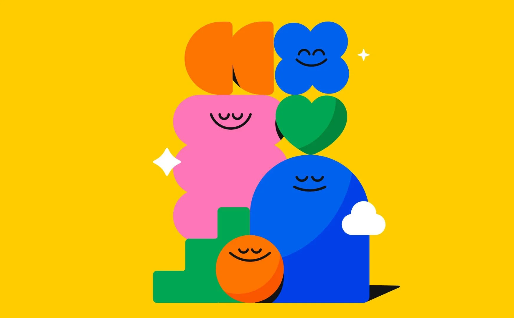Colorful abstract illustration with smiling shapes including a pink blob, a blue circle, an orange circle, a green heart, and a blue flower, set against a yellow background.