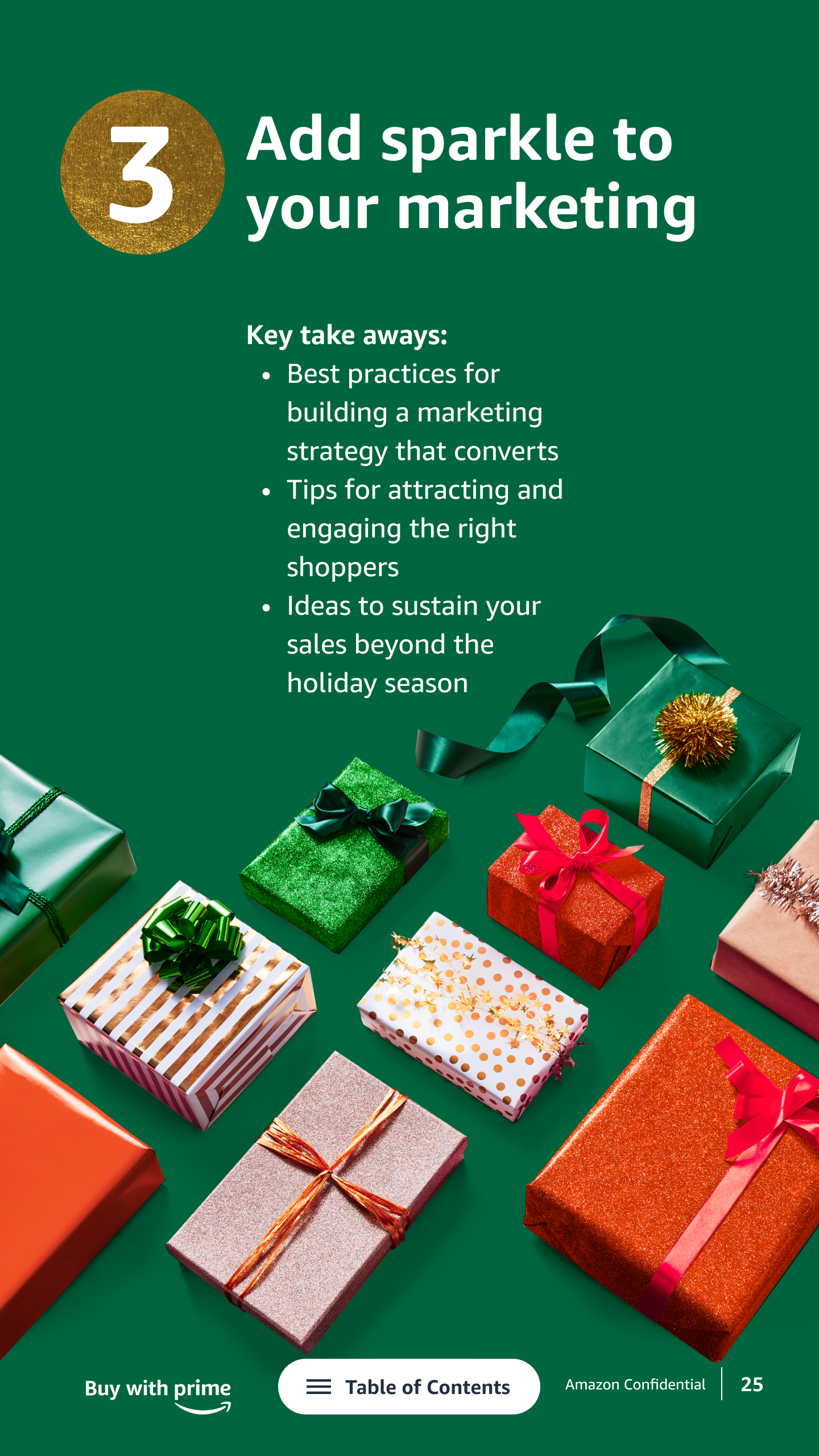 Colorful wrapped gift boxes with ribbons and bows on a green background, with white and gold accents, under a title about adding sparkle to marketing strategies.