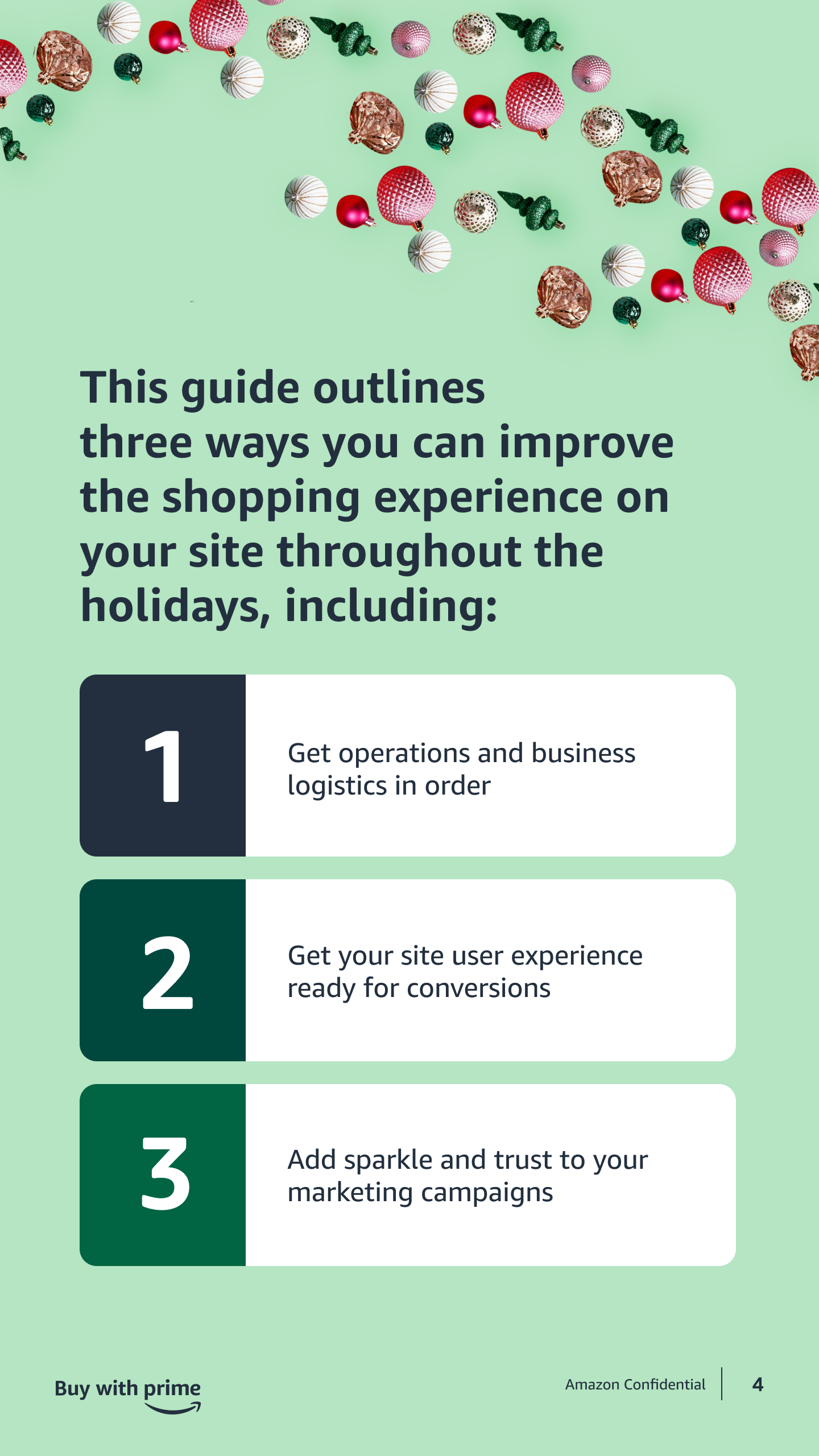 Festive holiday decorations with Christmas ornaments decorate the top of a green background in this holiday-themed graphic. The image is part of a guide outlining three ways to improve shopping experiences during the holidays, with numbered tips and 