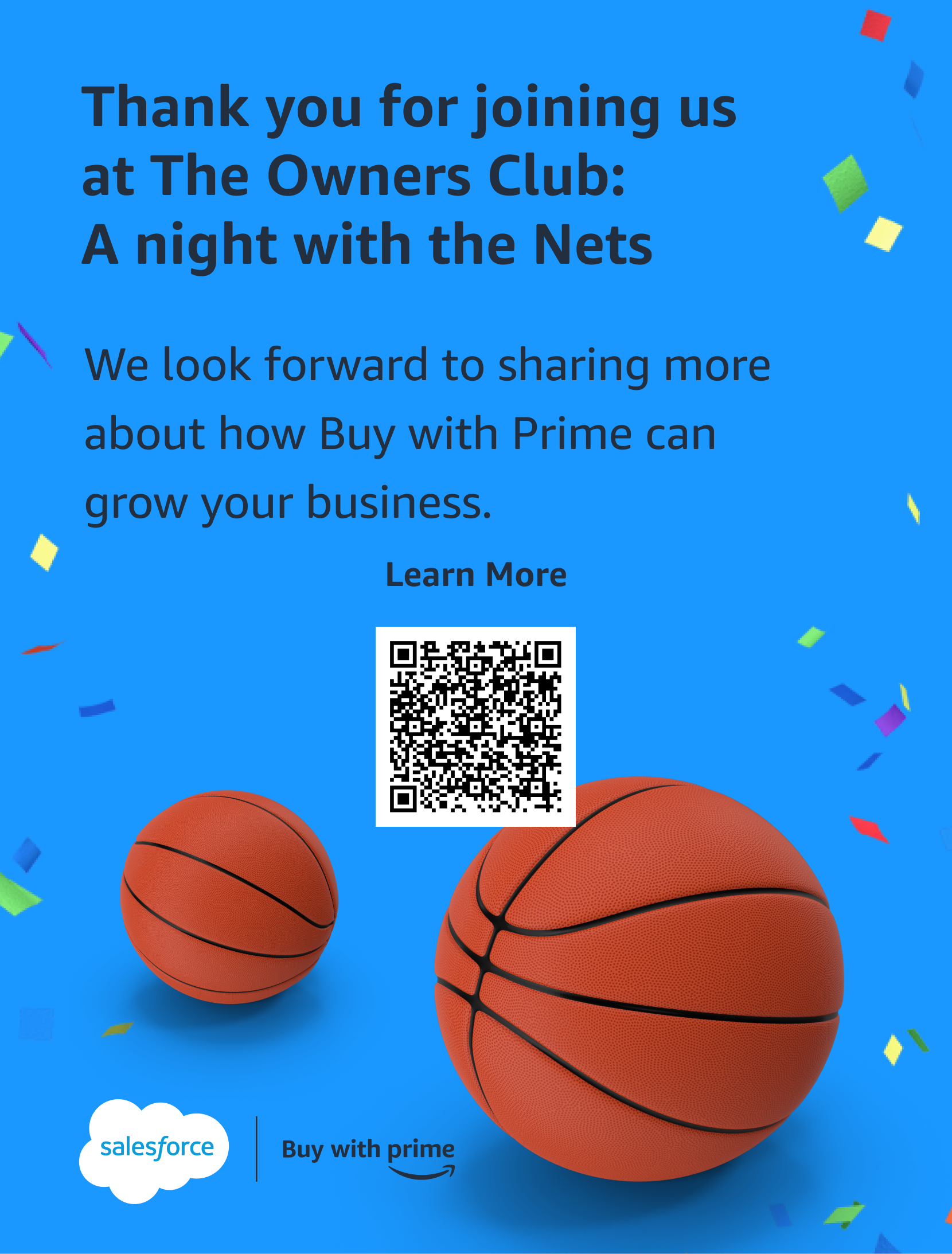 A promotional graphic for The Owners Club featuring two basketballs, colorful confetti, a QR code, and text thanking attendees and encouraging them to learn more about Buy with Prime.