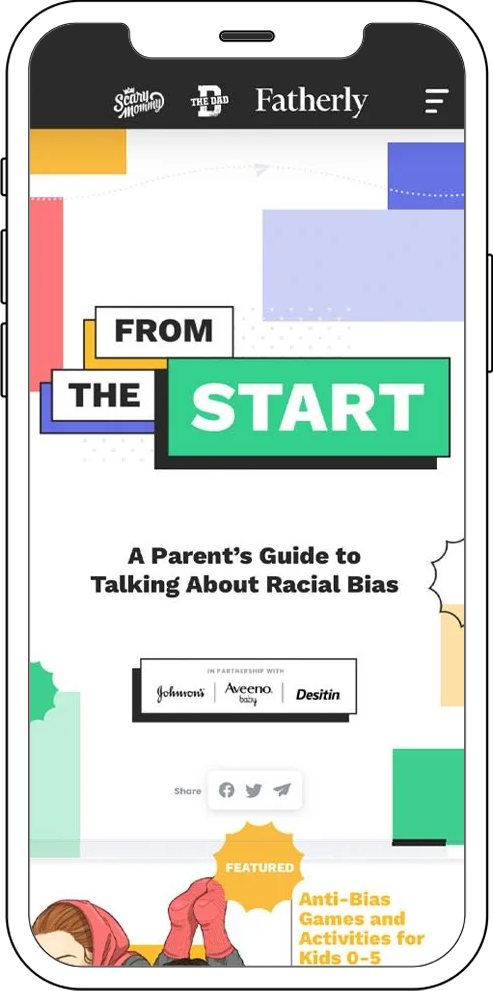 Mobile phone screen displaying a website titled "From the Start: A Parent's Guide to Talking About Racial Bias," with colorful graphic elements, logos of Johnson's, Aveeno Baby, and Desitin, and icons for sharing on social media.