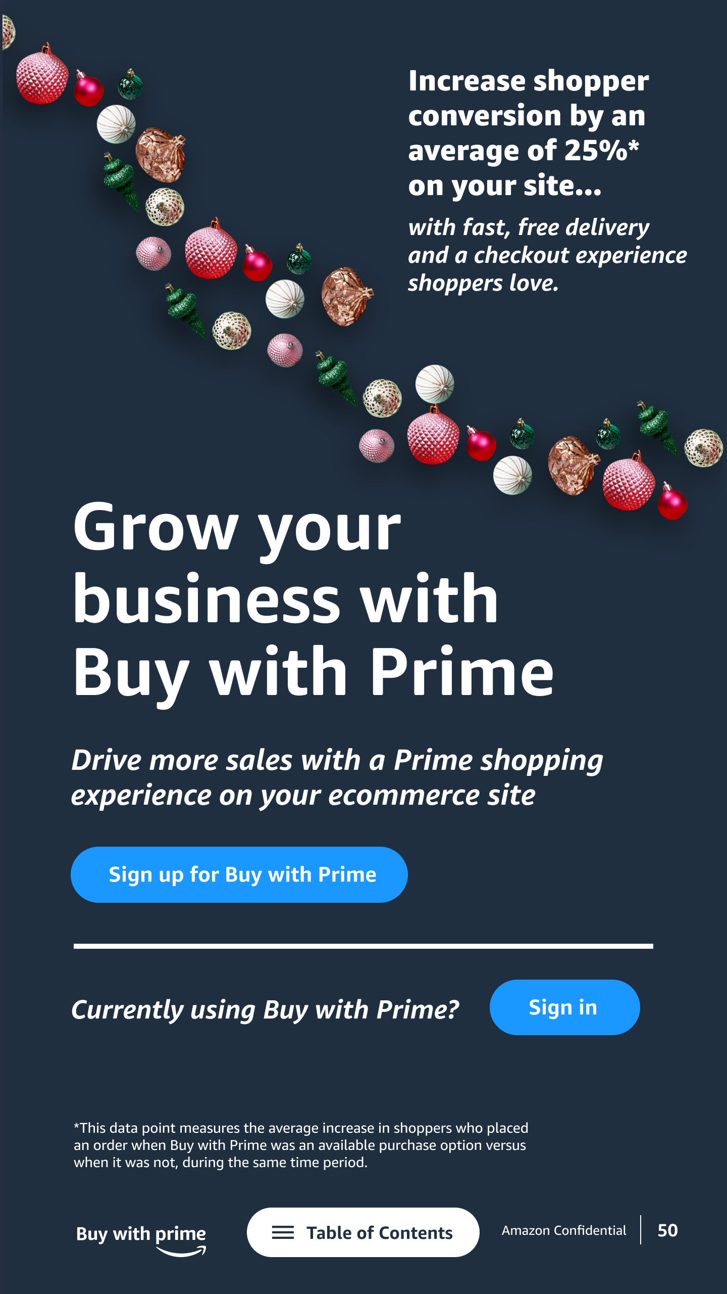 Holiday-themed promotional graphic encouraging ecommerce businesses to grow using Buy with Prime, featuring Christmas ornaments and text about increasing shopper conversion and driving more sales.