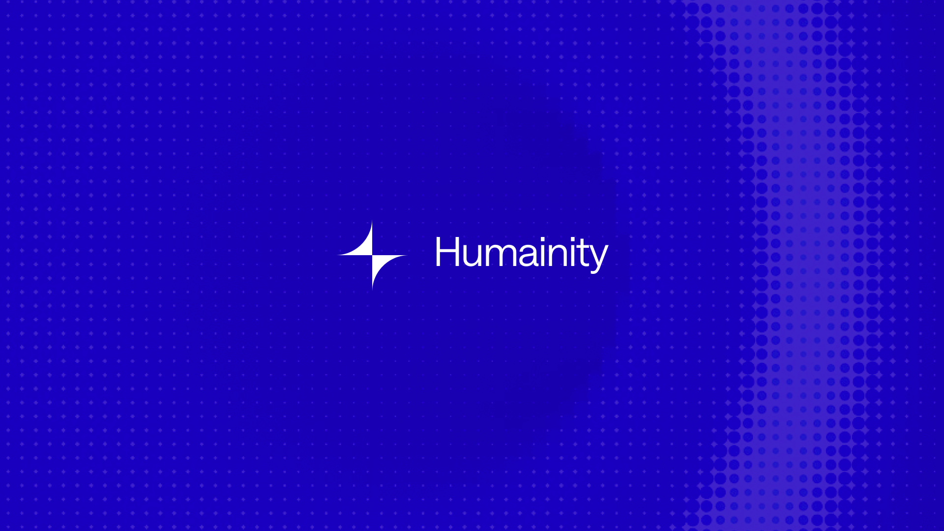 Blue background with a pattern of small dots and the word 'Humainity' in white text, next to a white abstract star shape.
