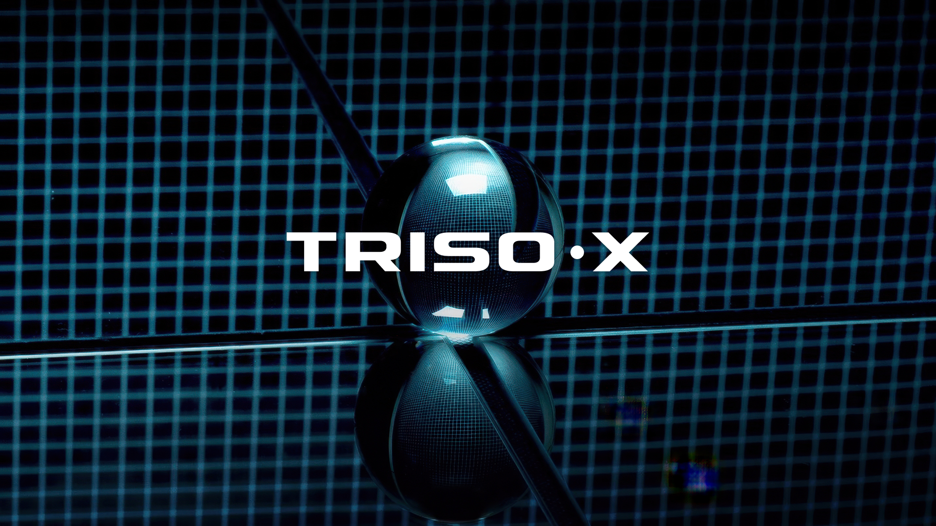Futuristic digital art with a dark grid background, a reflective spherical object, and the text 'TRISO.X' in bold white font.