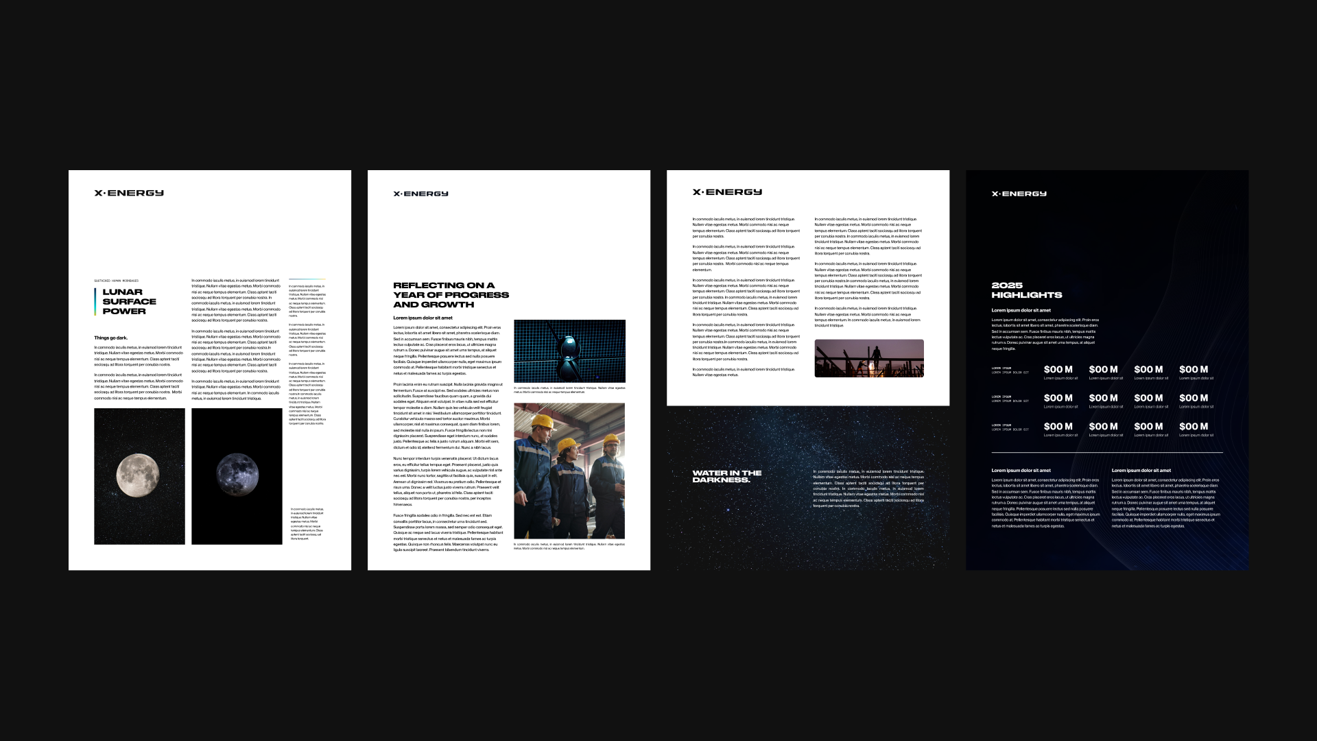 Four pages of a magazine or brochure with a black background, white and dark blue text, images of the moon, researchers in hard hats, a solar panel, and space stars, discussing energy topics.