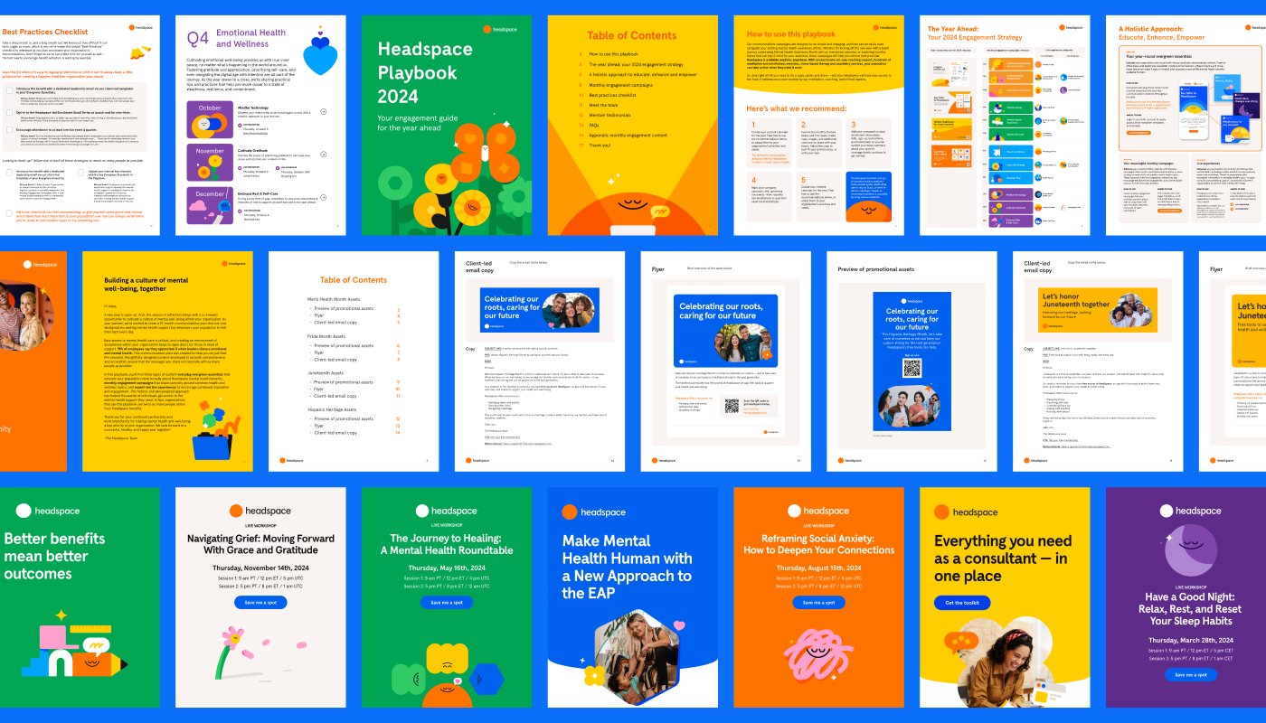 A collection of various informational documents, flyers, and booklets for Headspace, covering topics like mental health, emotional wellness, engagement strategies, and promotional events between 2024 and 2024. The designs feature colorful headers, im