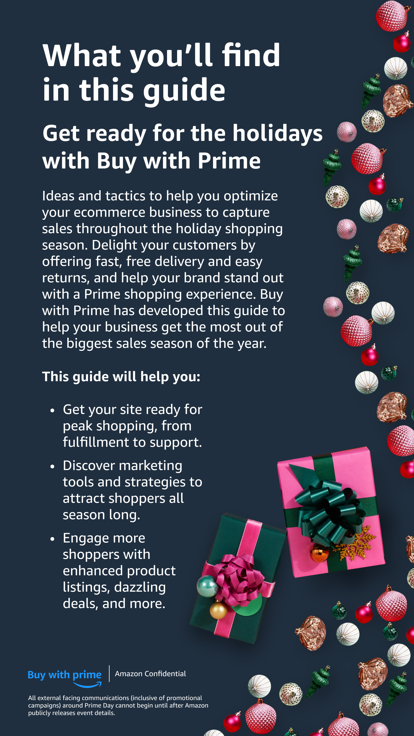 Guide on preparing your ecommerce business for holiday sales with Amazon Prime, featuring decorative holiday ornaments and wrapped presents.