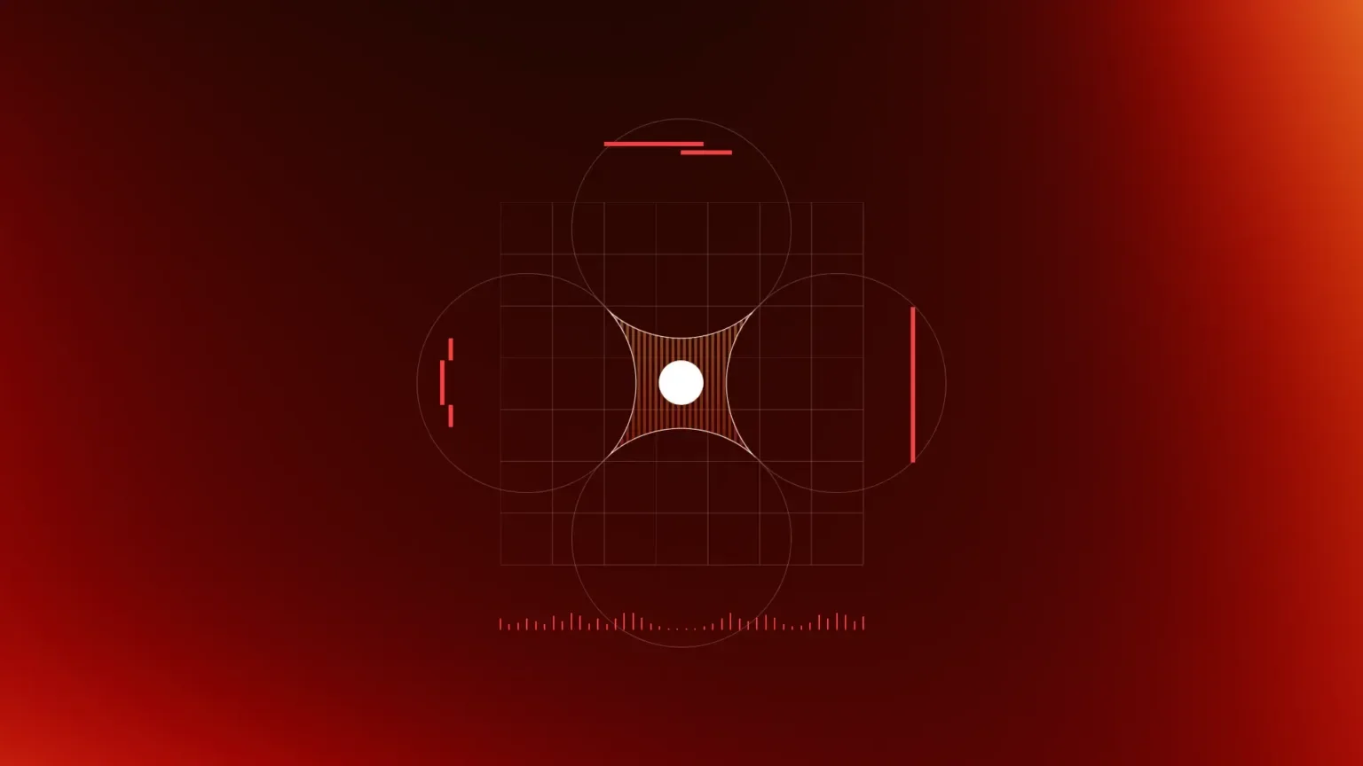 A digital HUD with red grid lines, circles, and a central white circle, resembling a targeting or scanning interface.