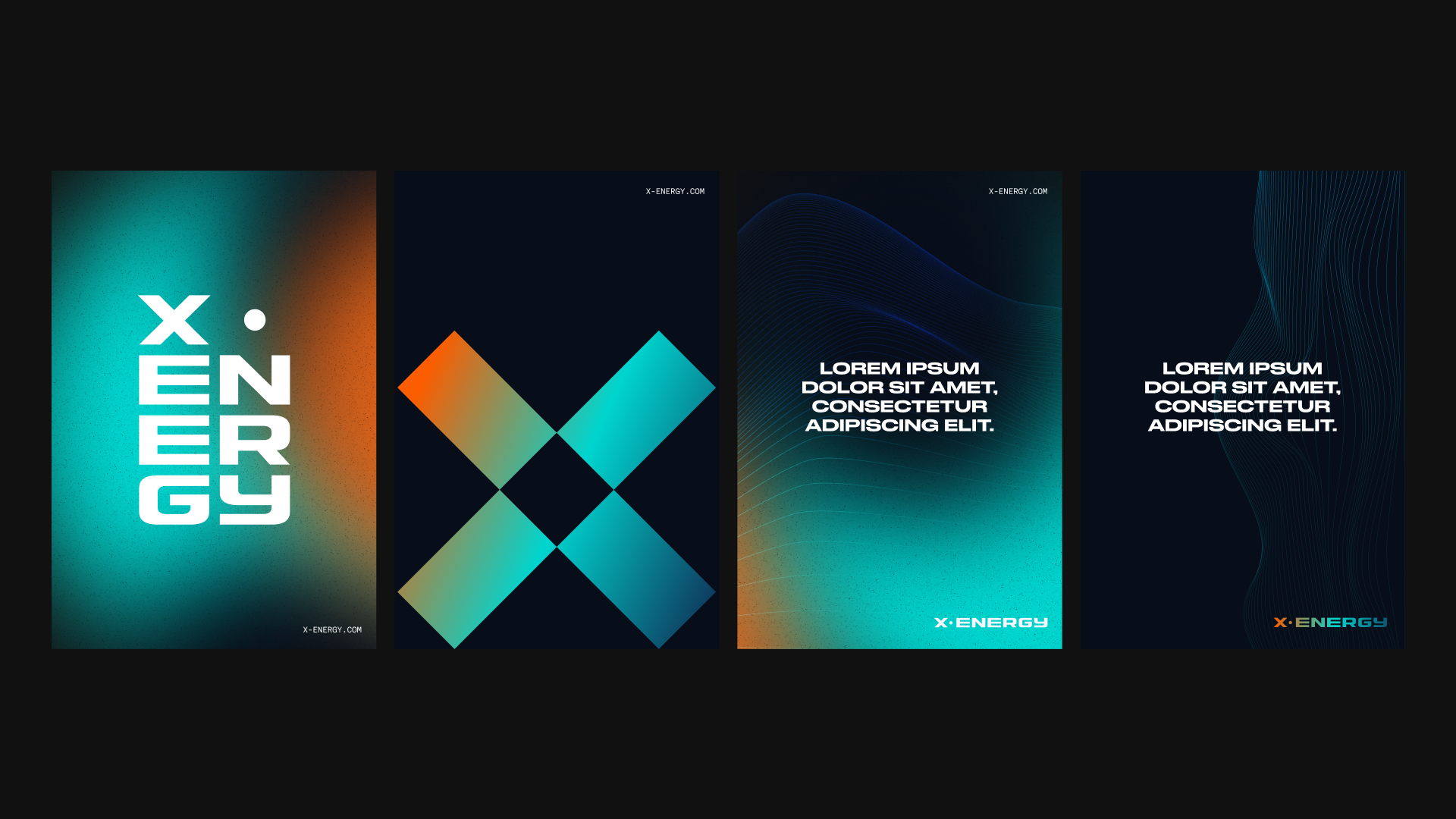Collection of four digital designs featuring the brand 'X. ENERGY' with abstract backgrounds, geometric shapes, and placeholder text.