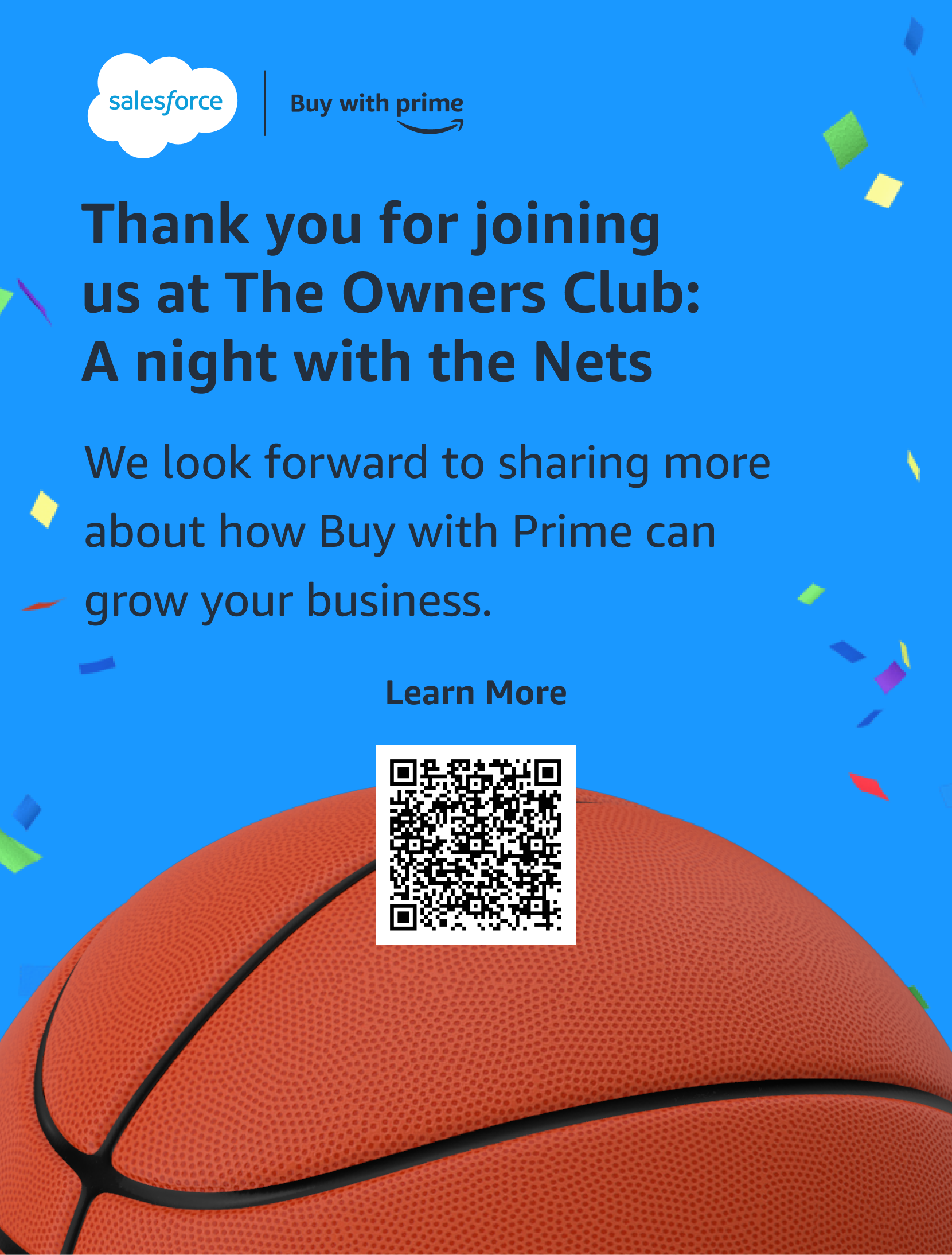 Thank you message for joining an event with Salesforce and Amazon Prime branding, featuring a basketball and confetti with a QR code for more information.